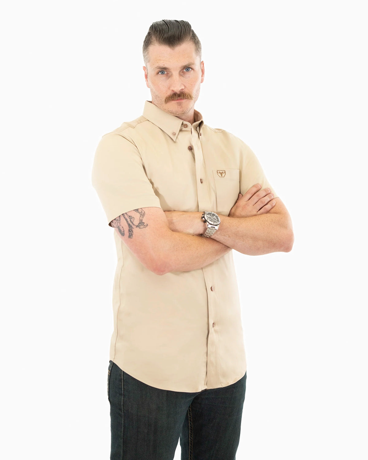 Beige Western Shirt | Stretch Solid Modern-Fit Shirt | Full Front | Dolce Vesta