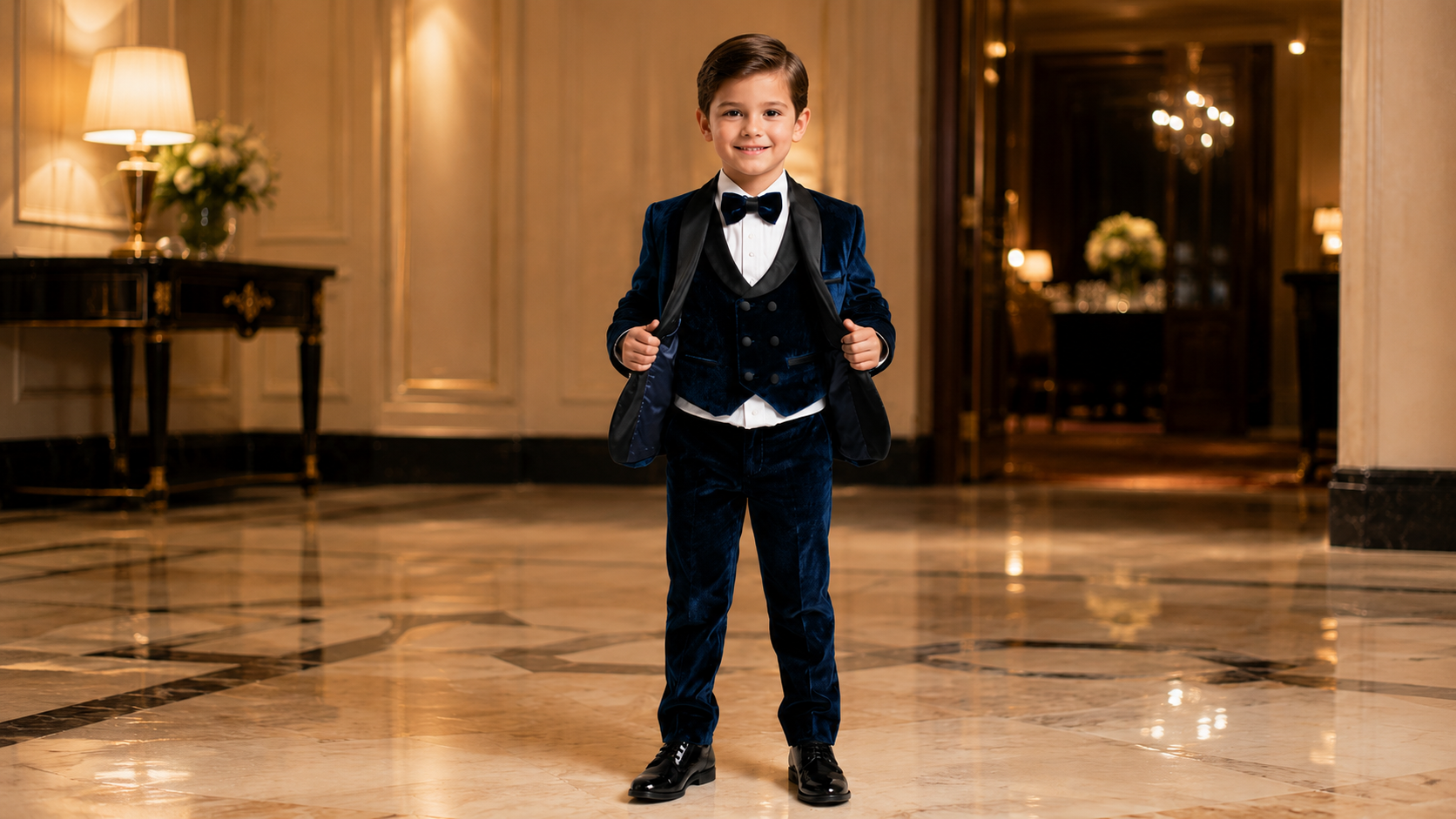 Young boy wearing a navy blue velvet 3-piece tuxedo with a black bow tie in a luxurious hallway by Dolce Vesta.