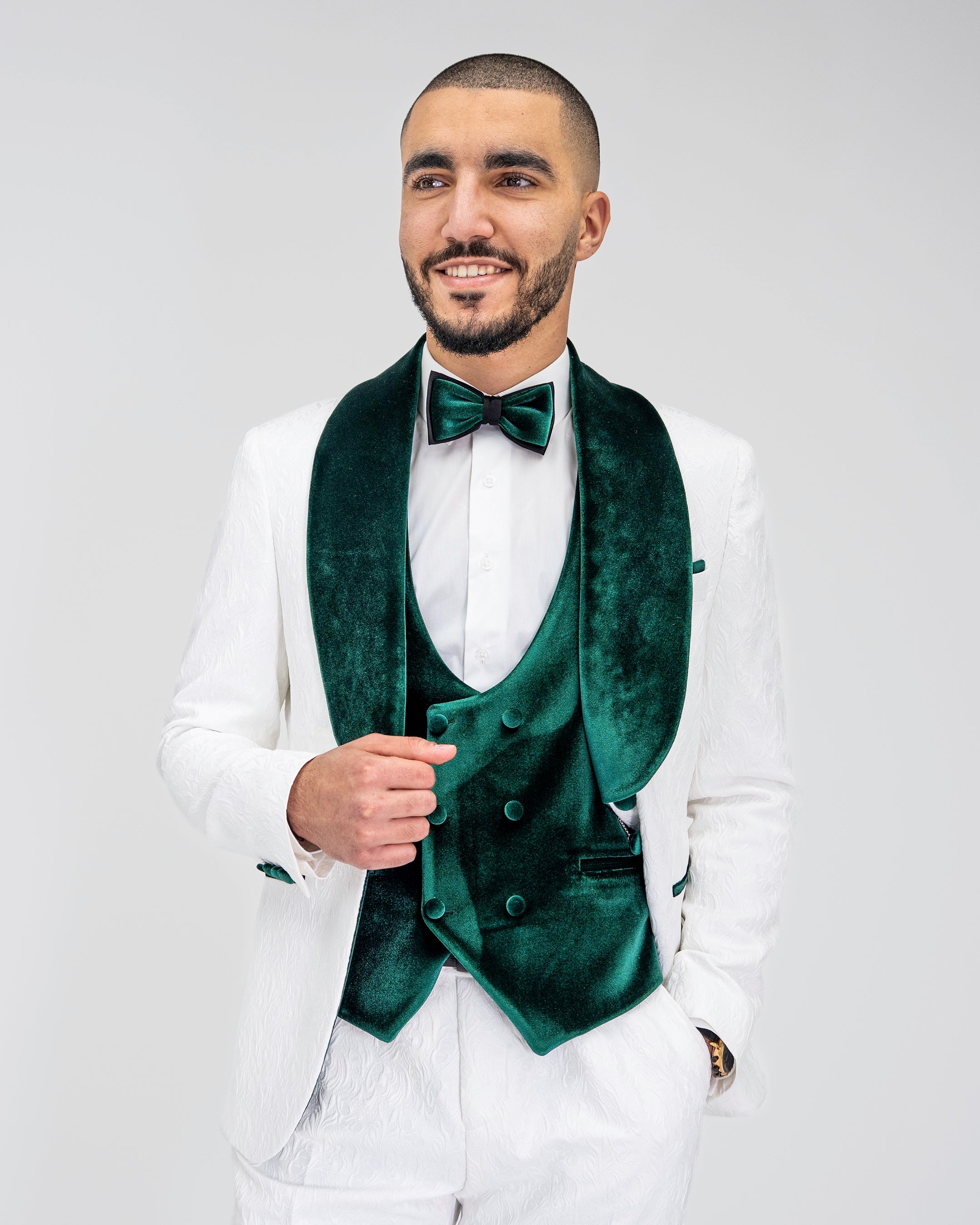 Gianni | White with Green Velvet Lapel 3-Piece Tailored-Fit Tuxedo