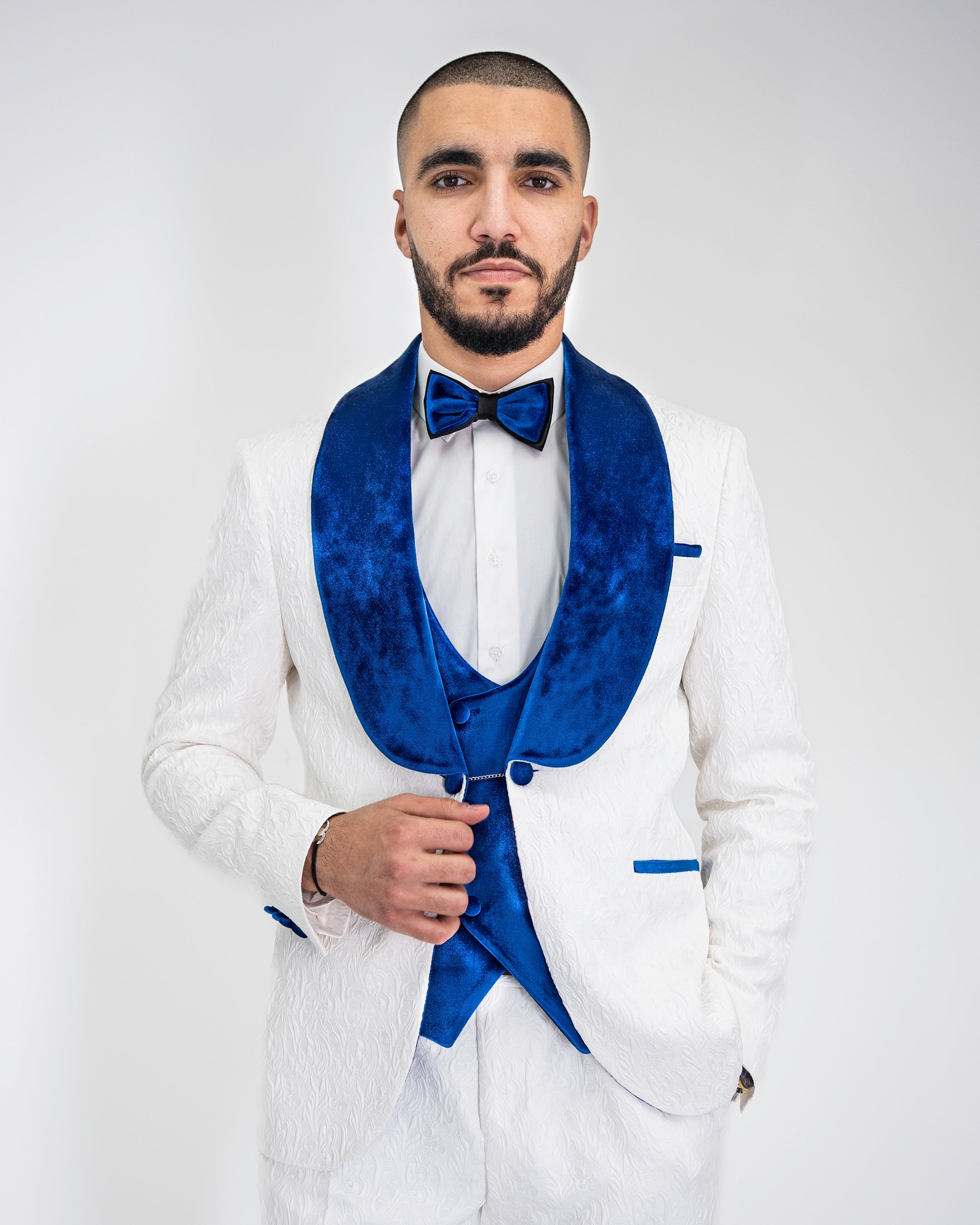 Gianni | White with Royal Blue Velvet Lapel 3-Piece Tailored-Fit Tuxedo