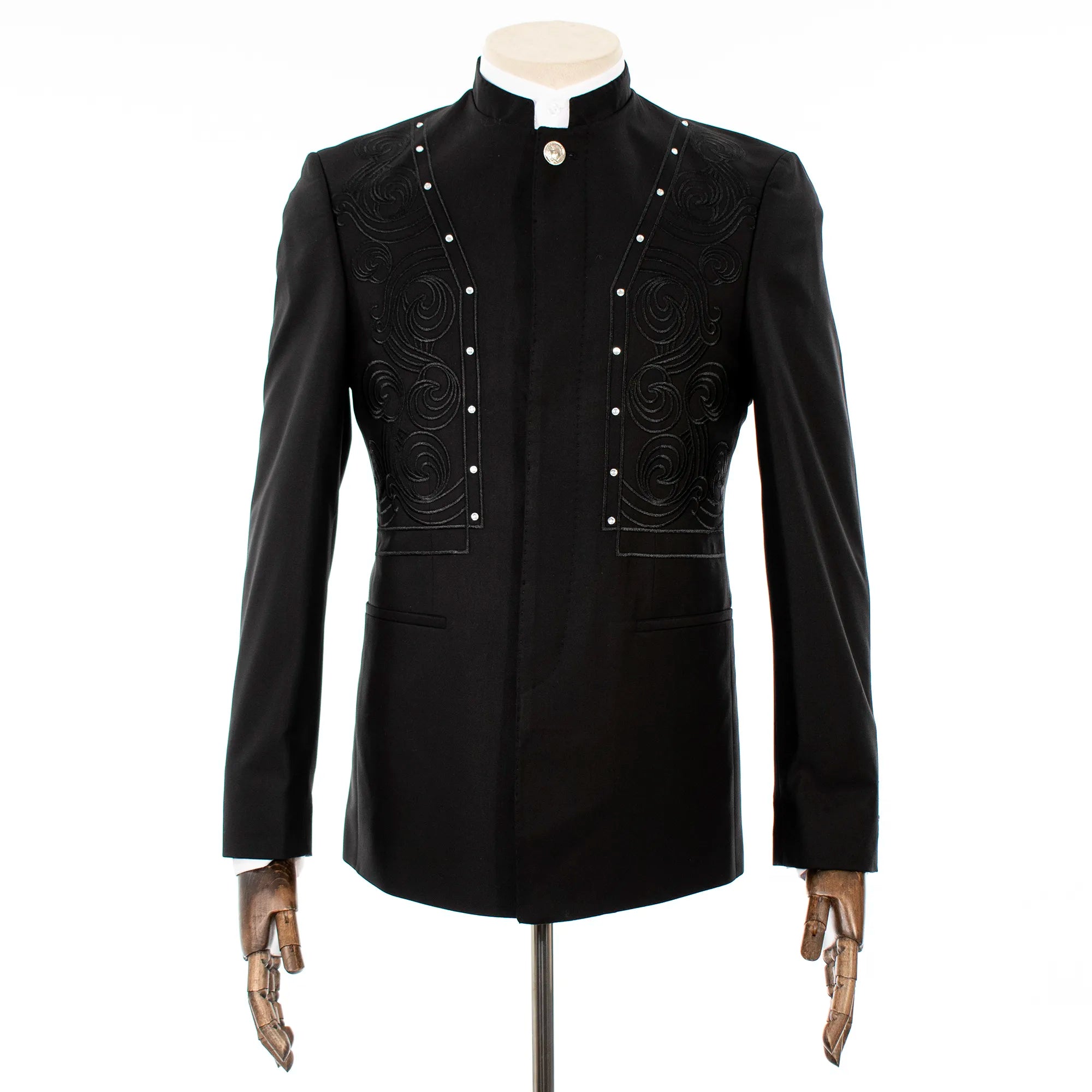 Men's Black Embroidered 2-Piece Slim-Fit Suit with Mandarin Collar