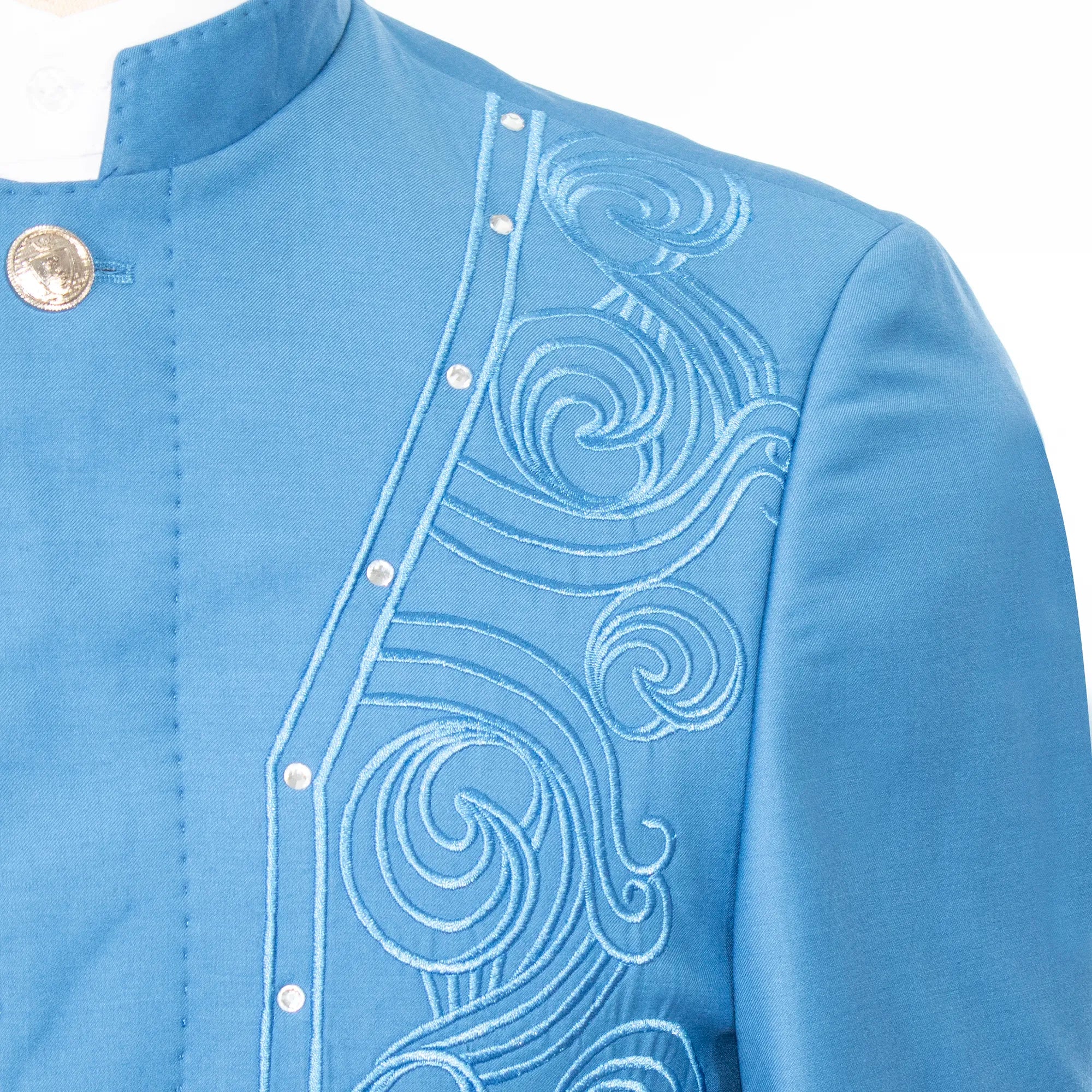 Men's Sky Blue Embroidered 2-Piece Slim-Fit Suit with Mandarin Collar