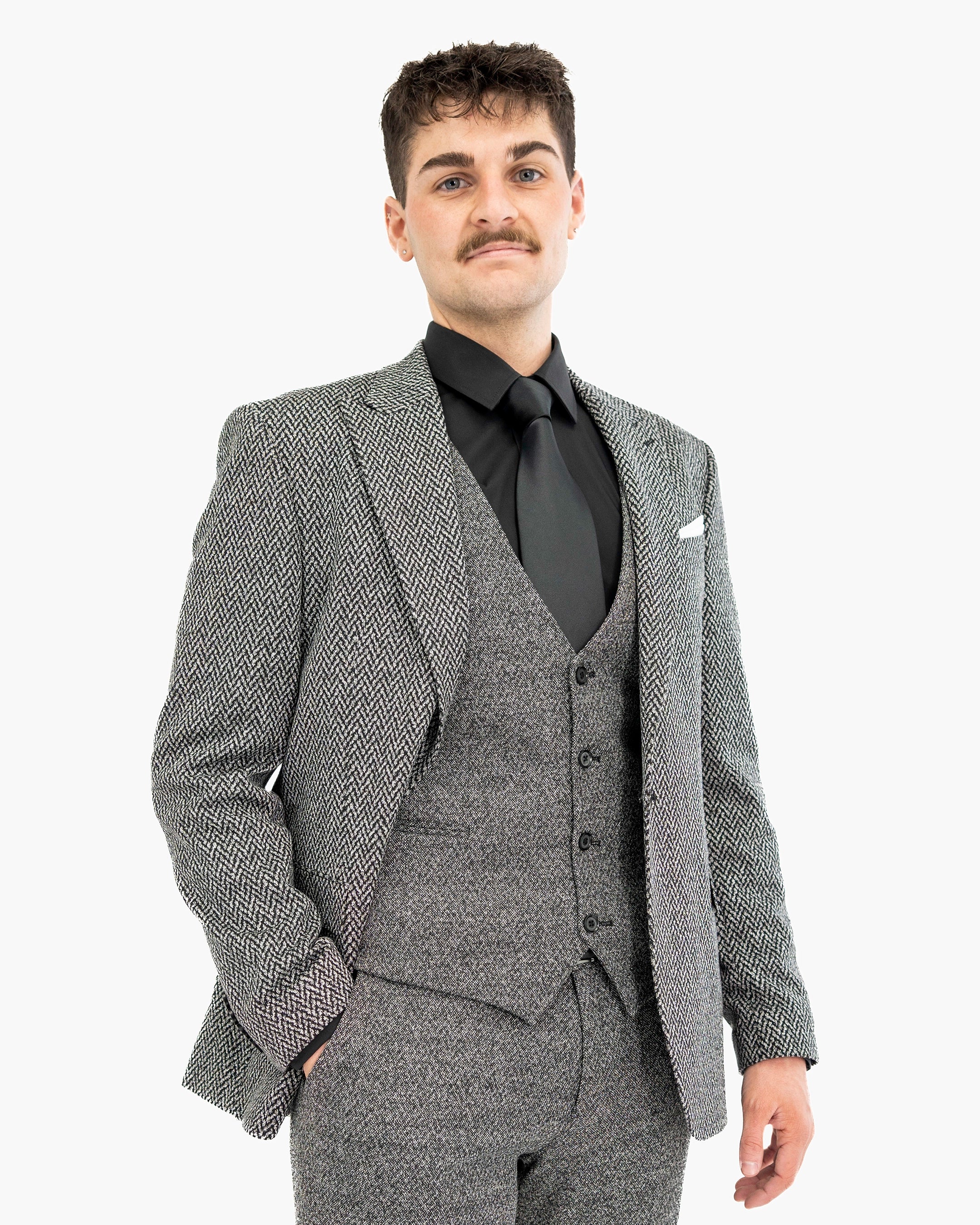 Knit Herringbone Tailored-Fit Suit with Peak Lapels