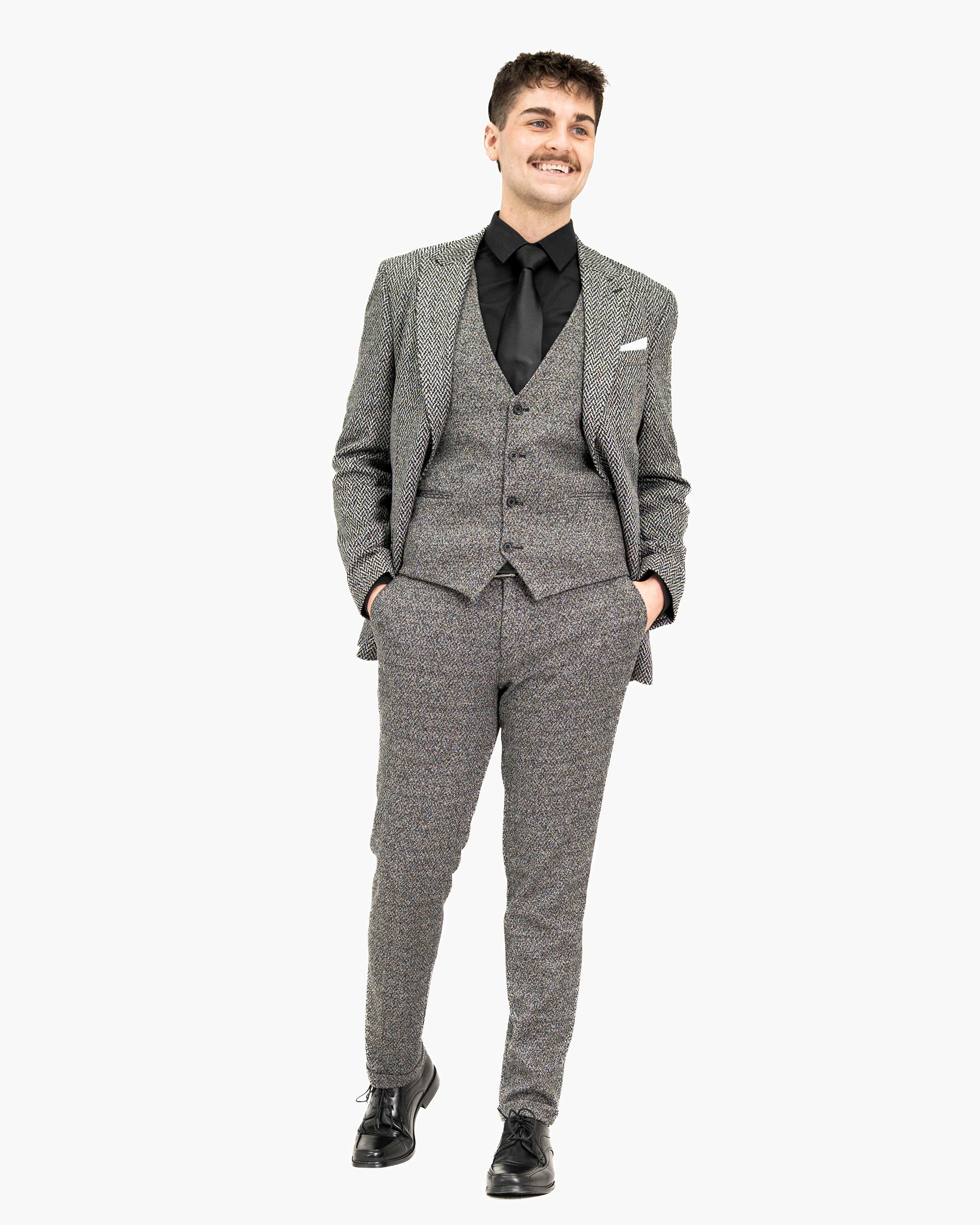 Knit Herringbone Tailored-Fit Suit with Peak Lapels