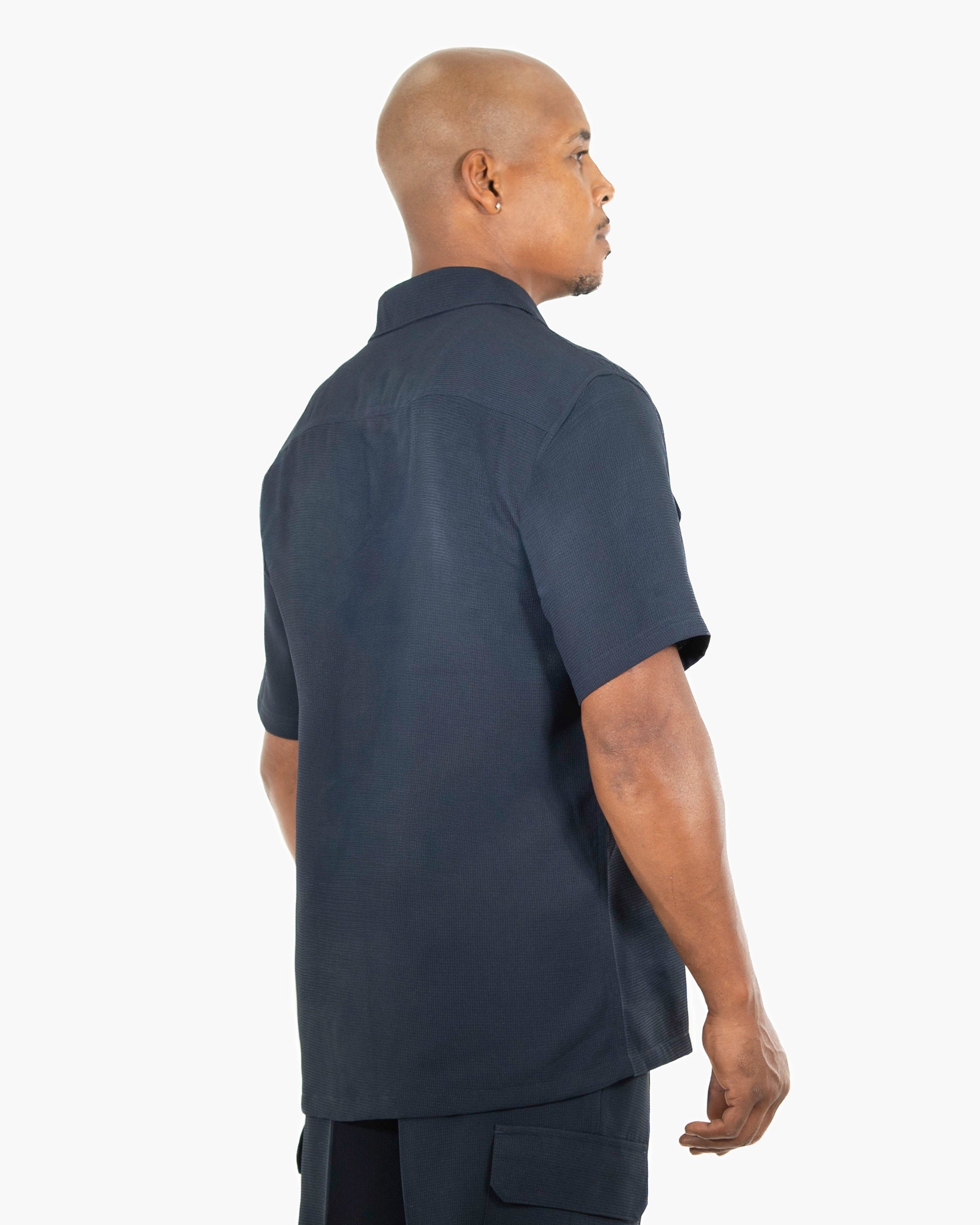 Navy Blue Tailored-Fit Linen Textured Shirt