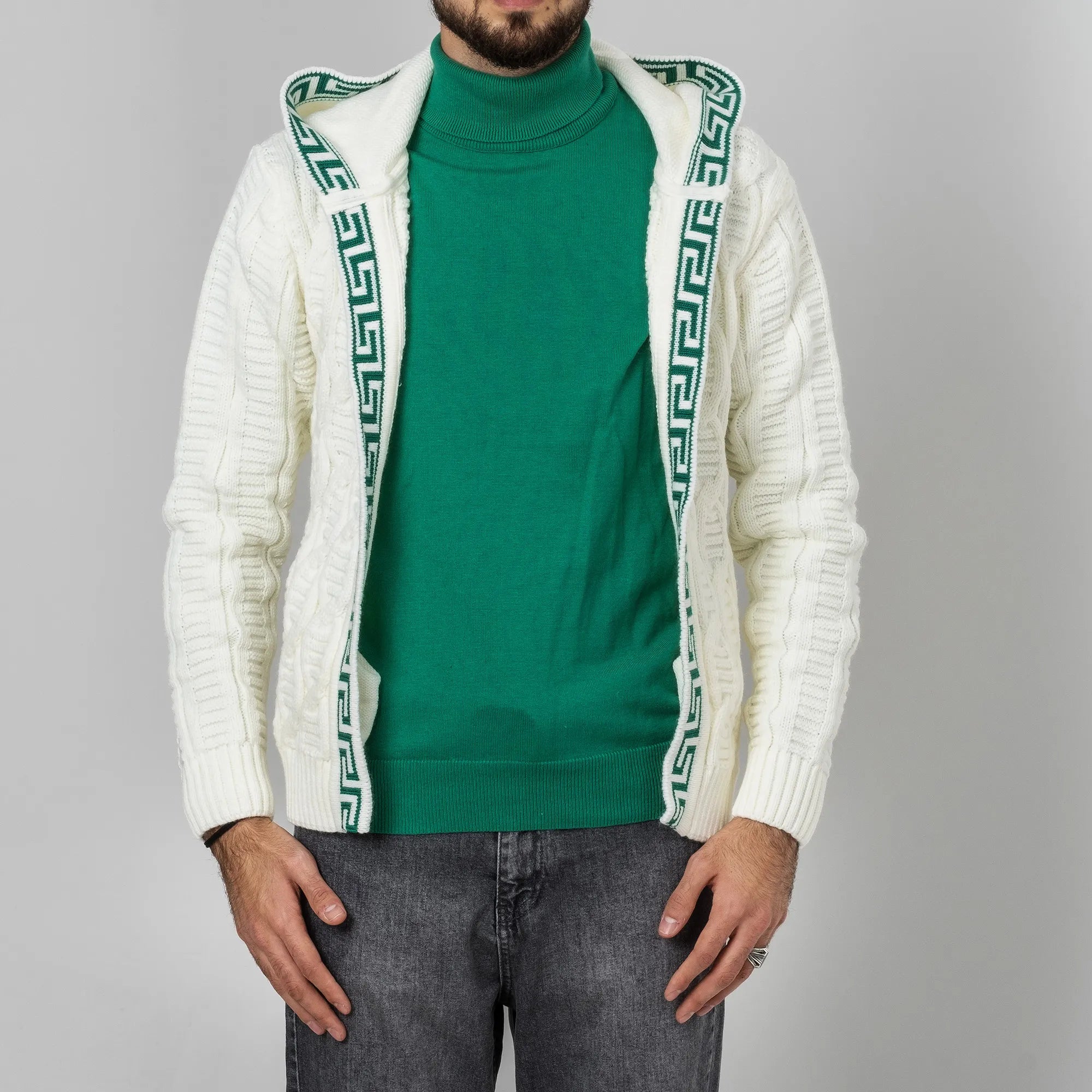 White&Green Cable Knit Grecian Tailored-Fit Hooded Cardigan