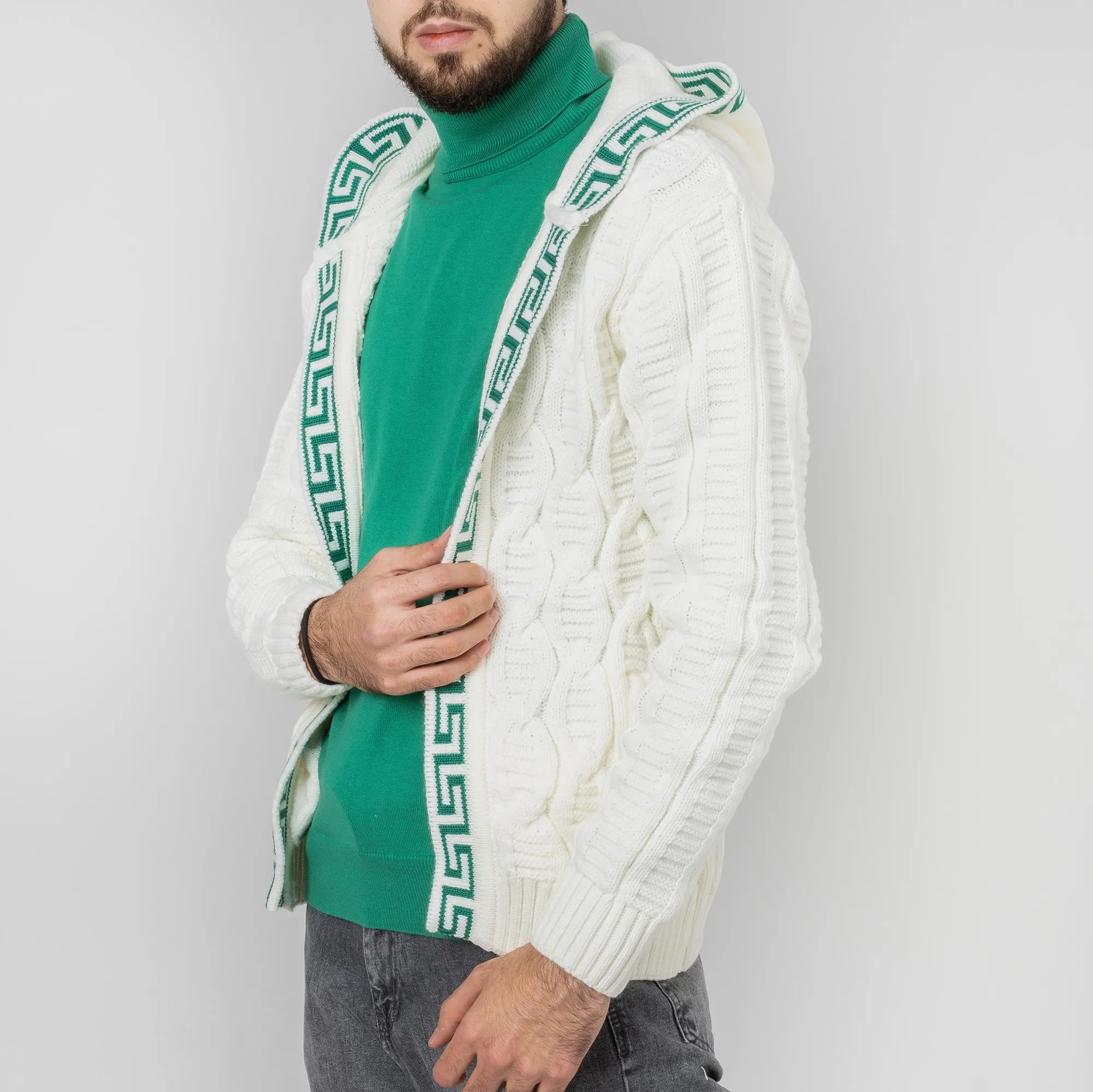 White&Green Cable Knit Grecian Tailored-Fit Hooded Cardigan
