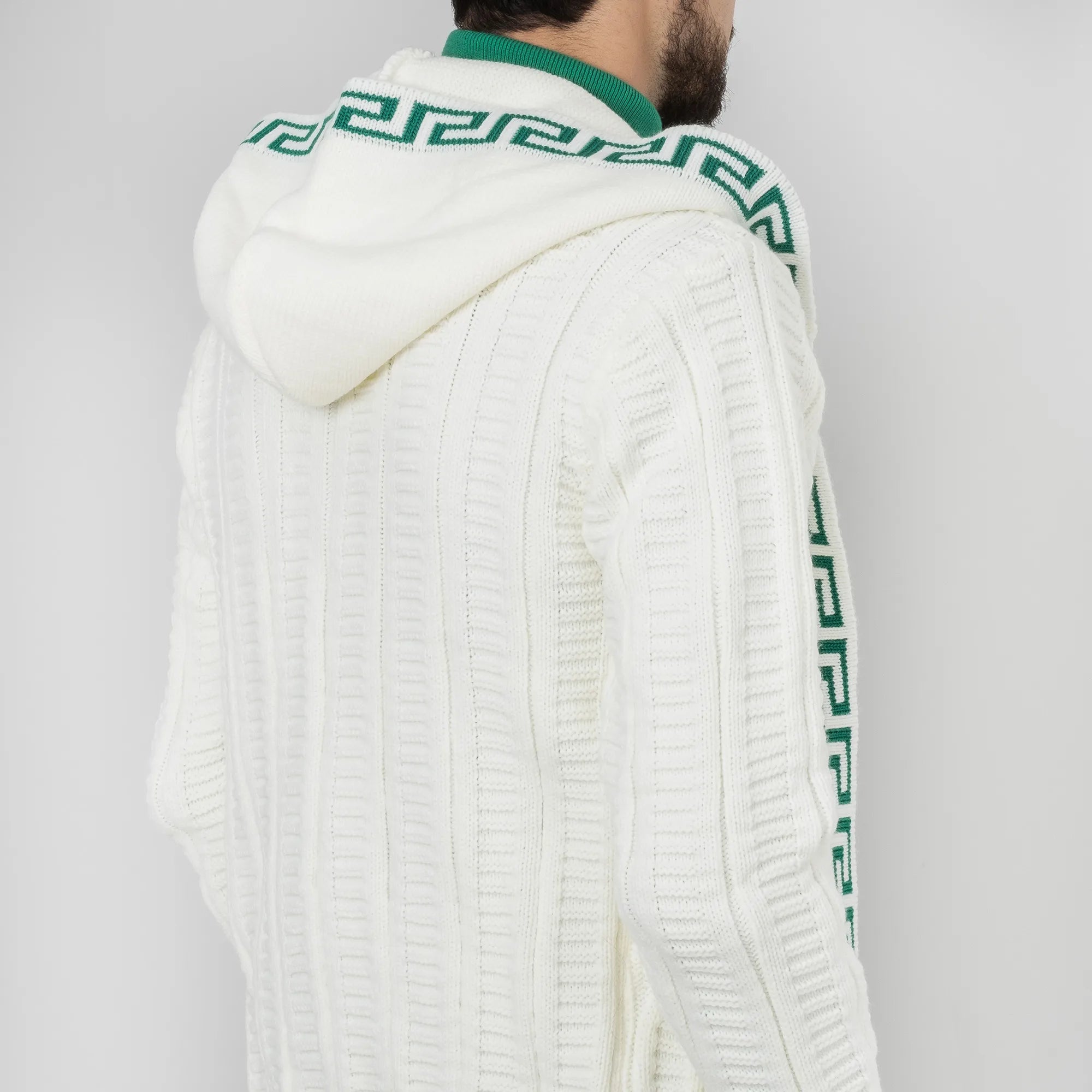 White&Green Cable Knit Grecian Tailored-Fit Hooded Cardigan