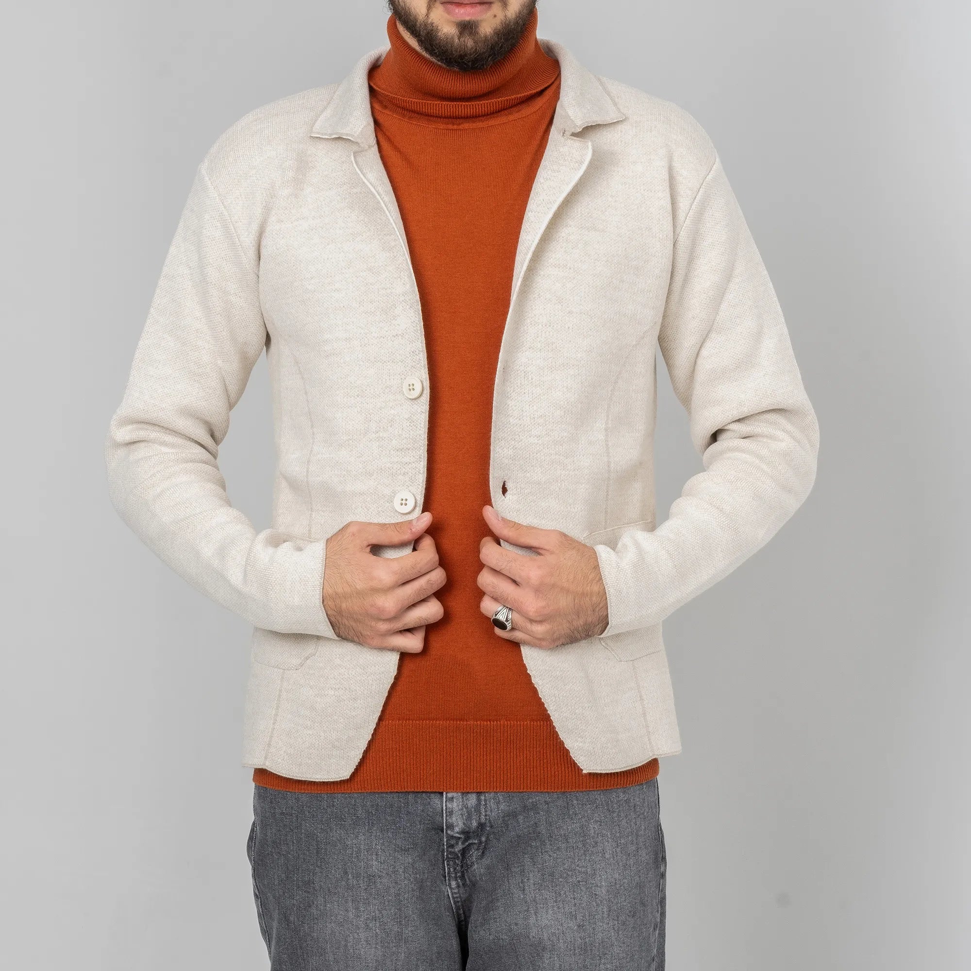 Beige Button-Up High Collar Tailored-Fit Cardigan
