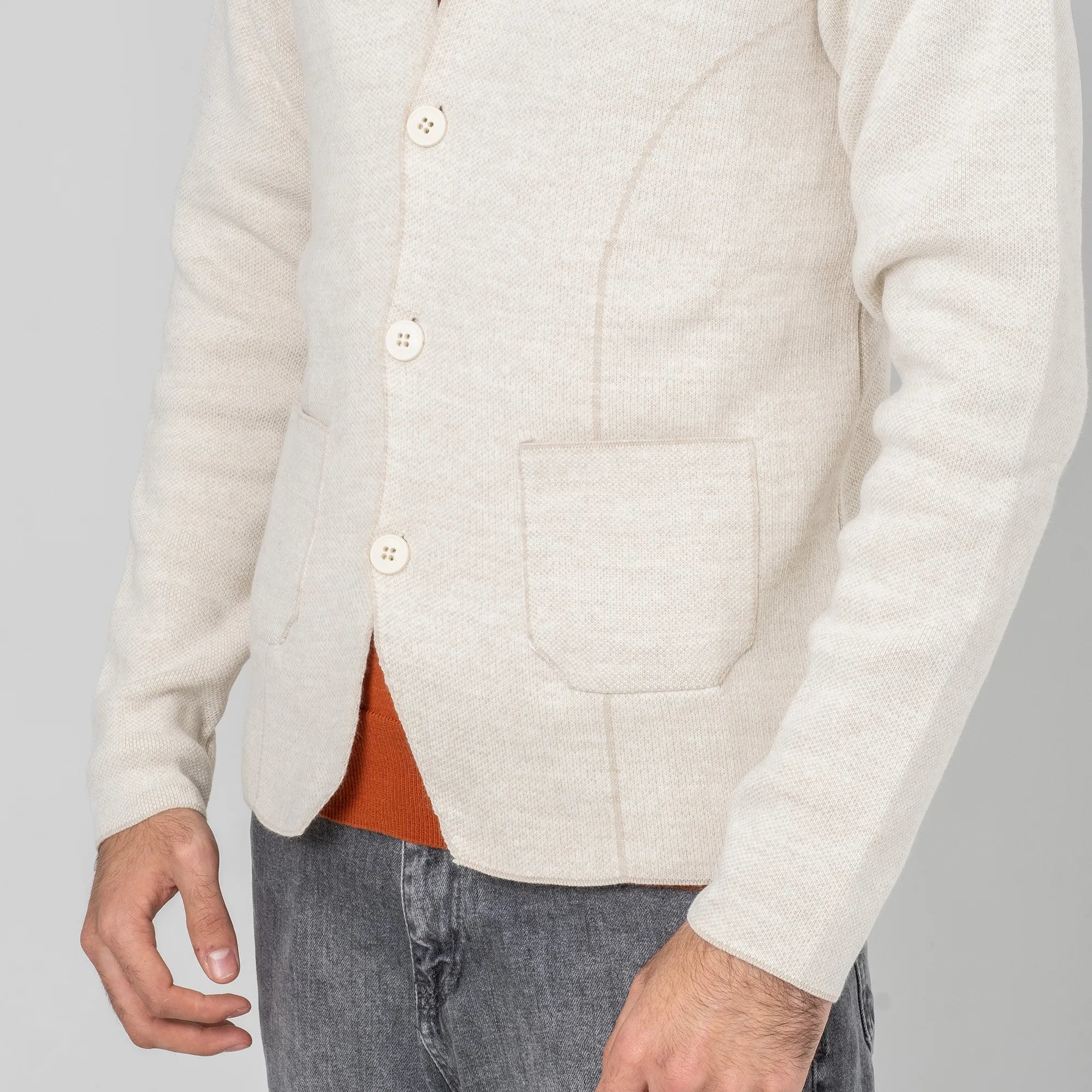 Beige Button-Up High Collar Tailored-Fit Cardigan