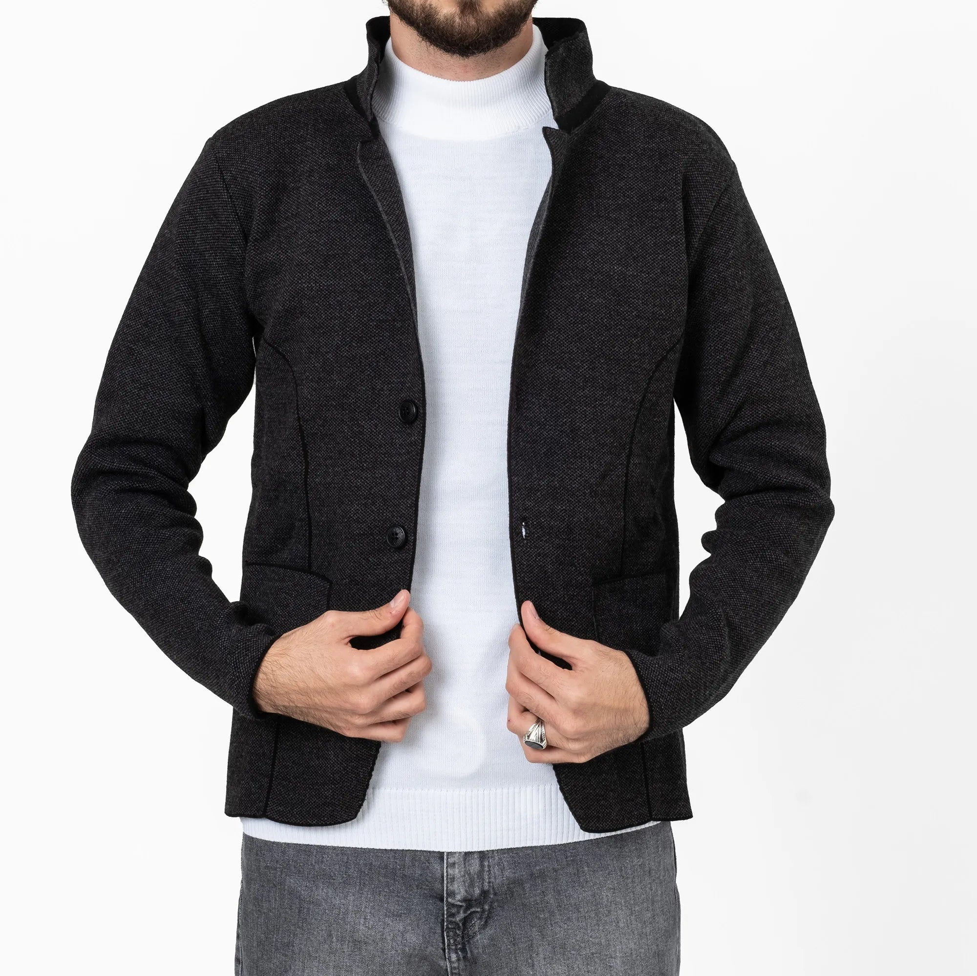 Charcoal Gray Button-Up High Collar Tailored-Fit Cardigan