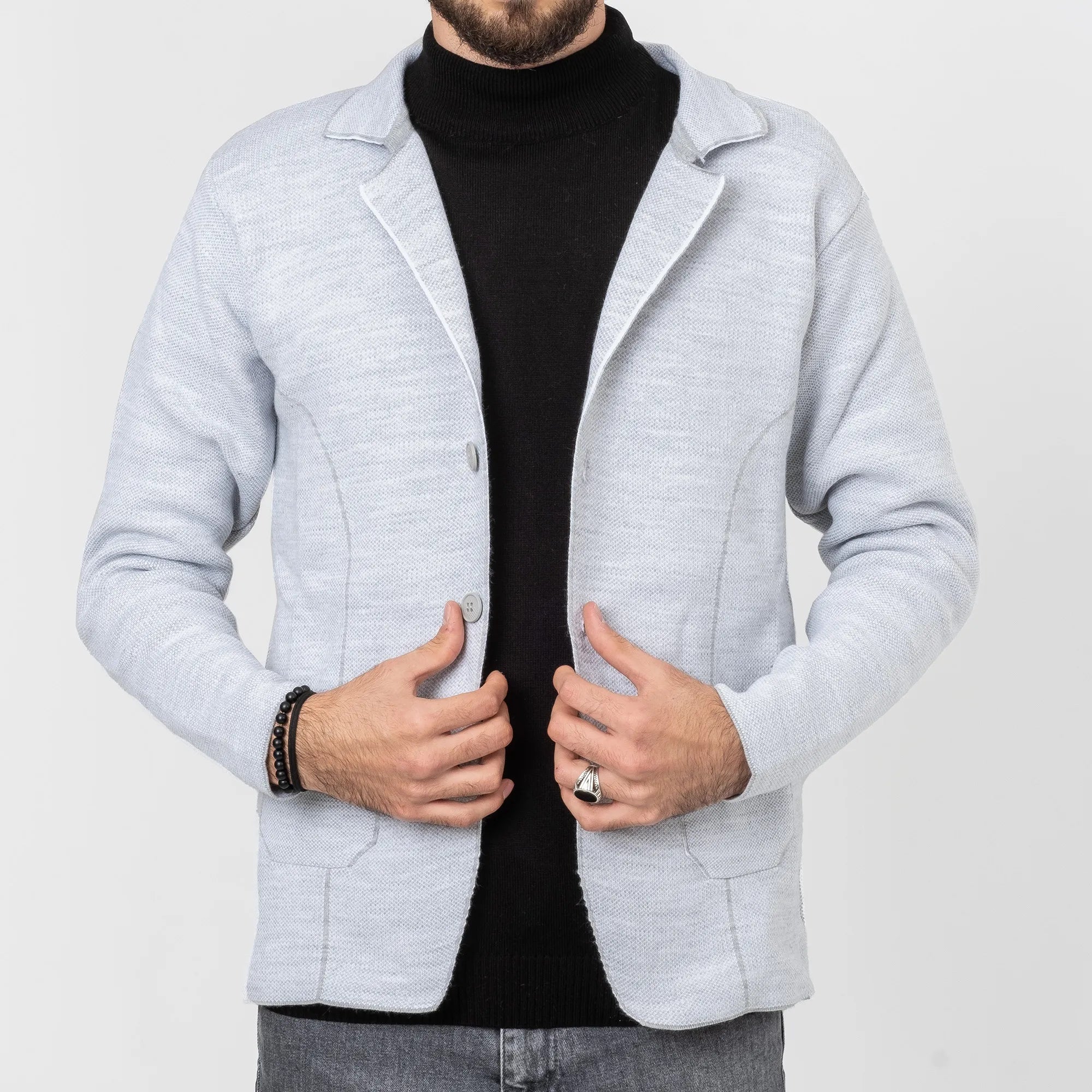 Ash Gray Button-Up High Collar Tailored-Fit Cardigan