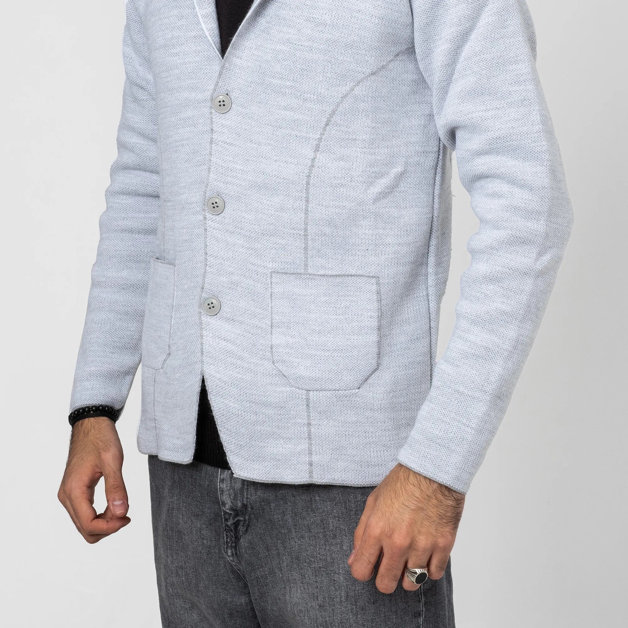 Ash Gray Button-Up High Collar Tailored-Fit Cardigan