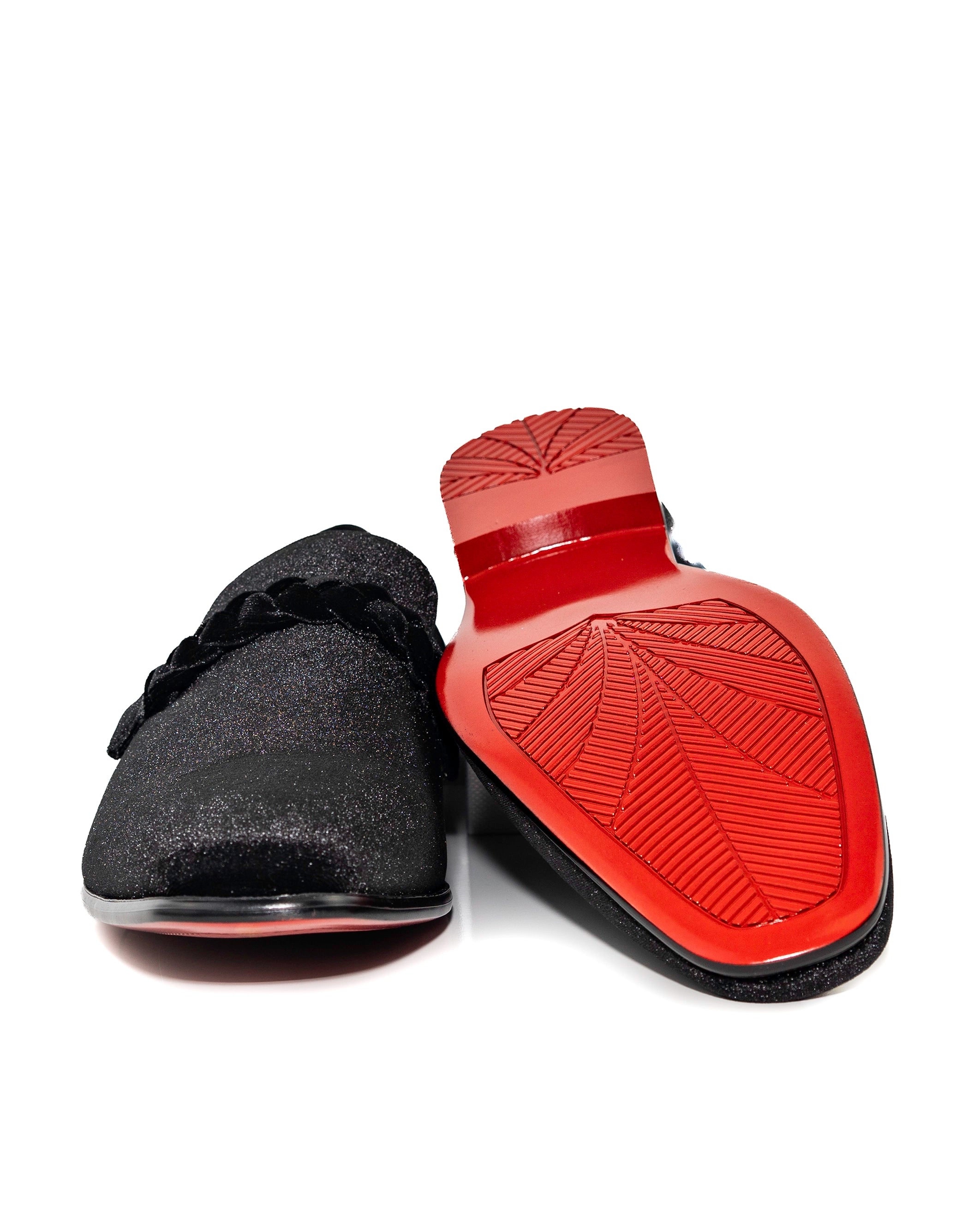 Black Velvet Loafers with Braided Strap Shoes | Bottoms View | Dolce Vesta