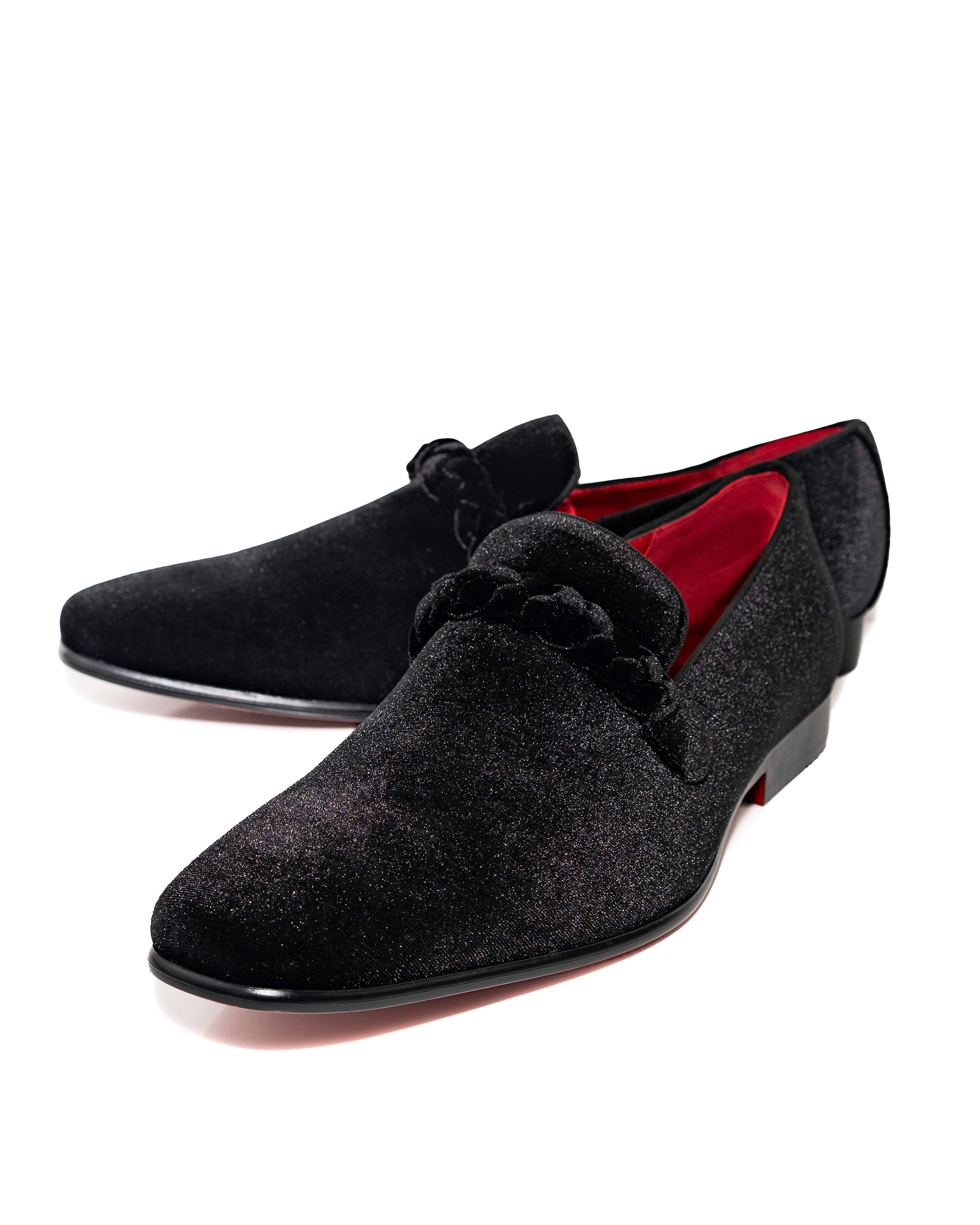 Black Velvet Loafers with Braided Strap Shoes | Front View | Dolce Vesta