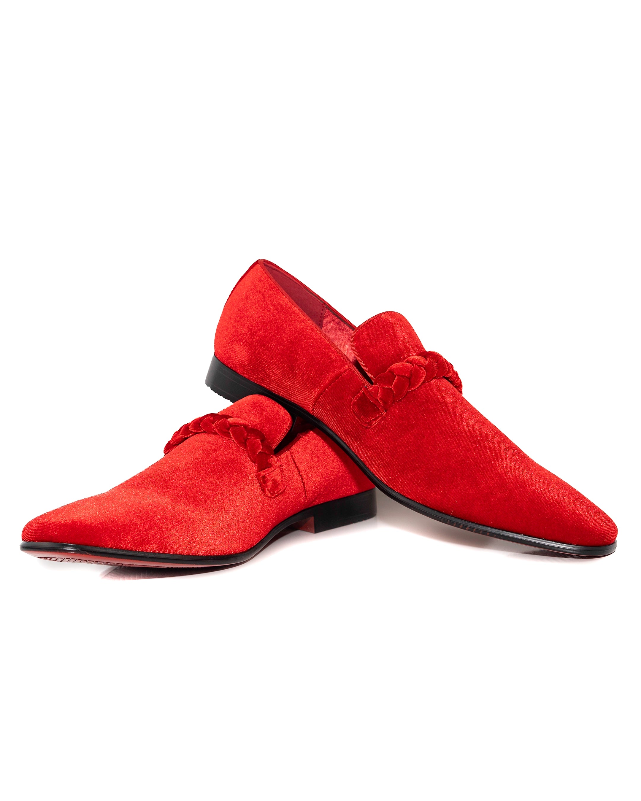 Fire Red Velvet Loafers with Braided Strap Shoes | Casual View | Dolce Vesta
