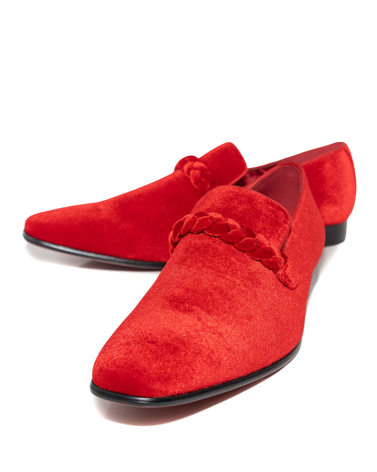 Fire Red Velvet Loafers with Braided Strap Shoes | Front View | Dolce Vesta