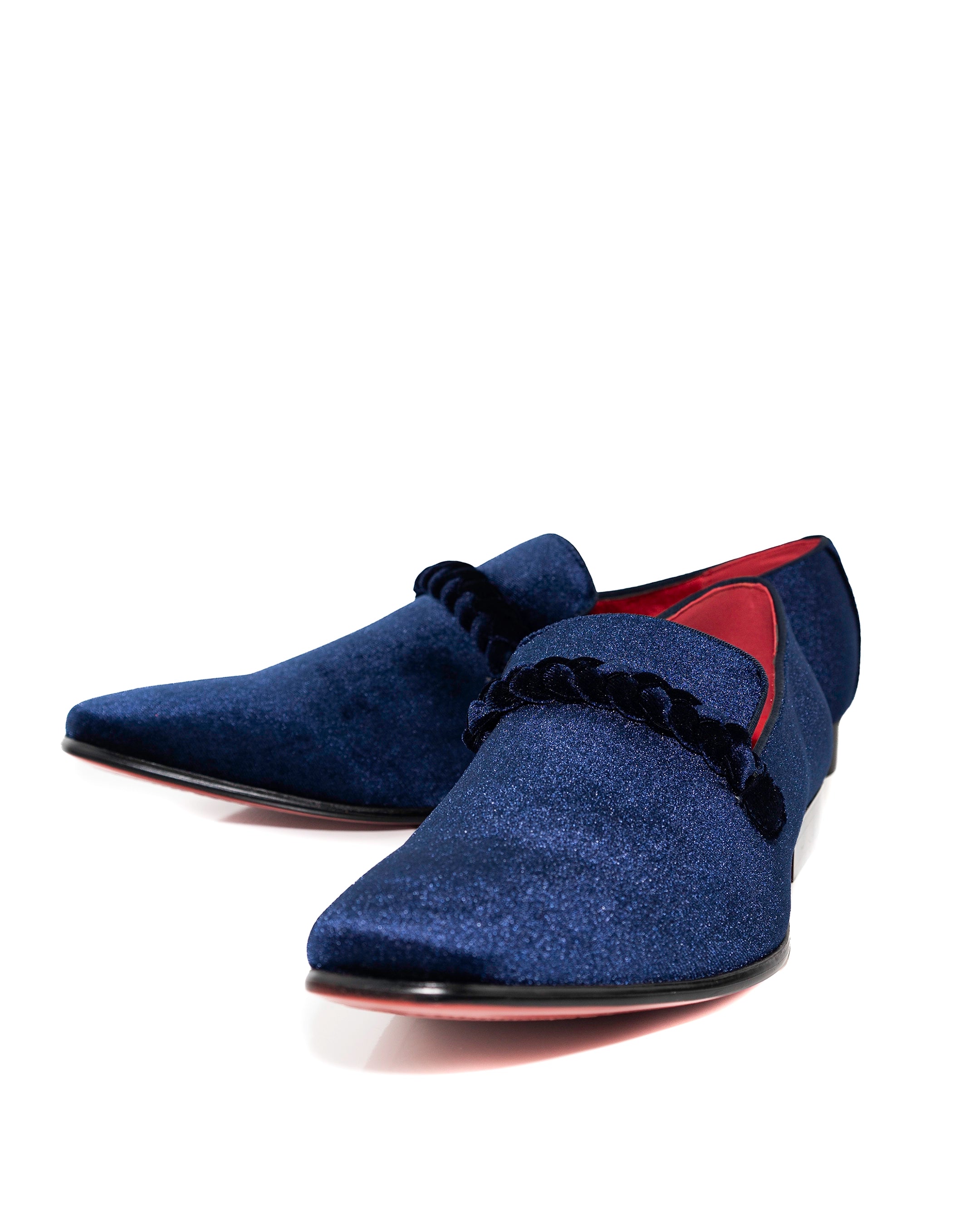 Navy Velvet Loafers with Braided Strap Shoes | Front View | Dolce Vesta
