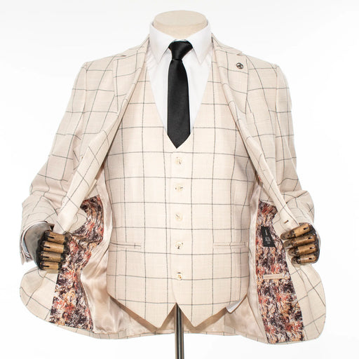 Beige Windowpane 3-Piece Tailored-Fit Suit