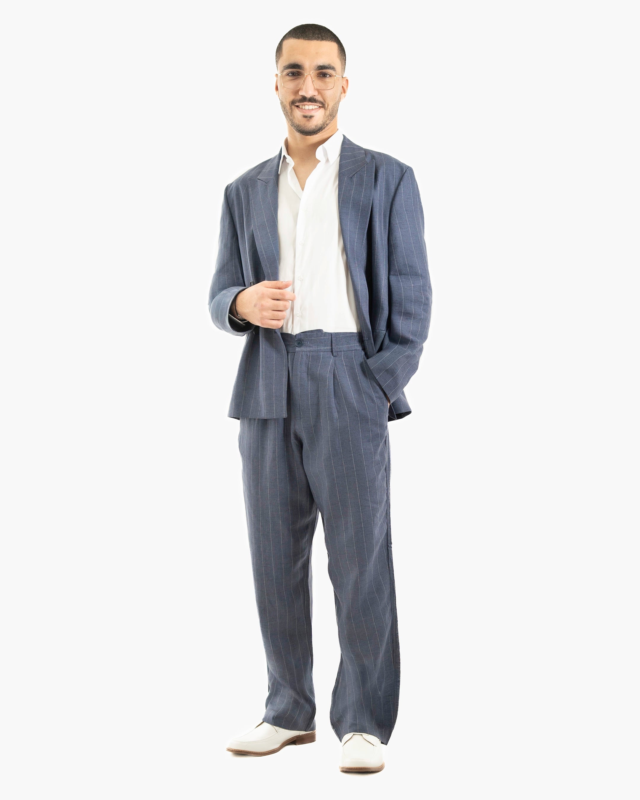 Pinstriped Oversized Linen Suit Jacket