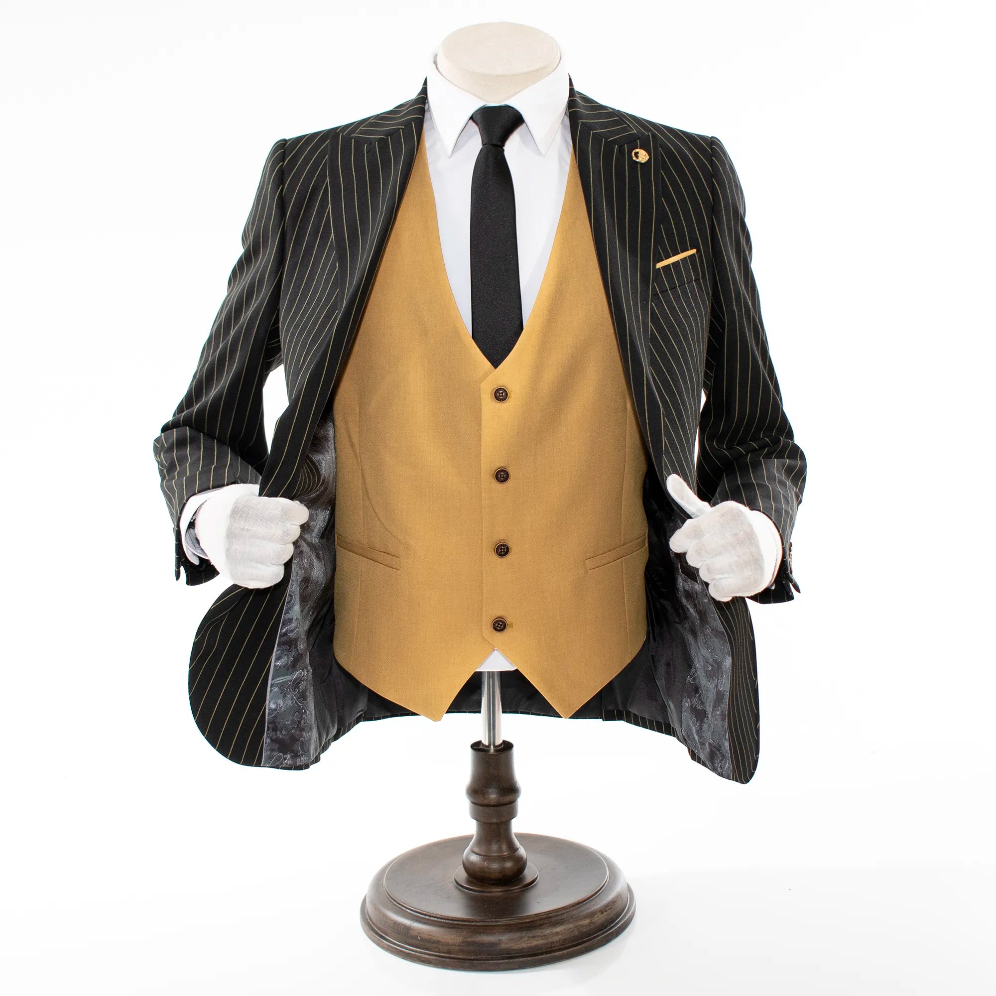 dress gold white black blue Black with Gold Pinstripe 3-Piece Slim-Fit Suit 54R/48W / Black/Gold