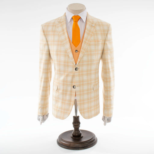 Beige Plaid 3-Piece Tailored-Fit Suit With Peak Lapels