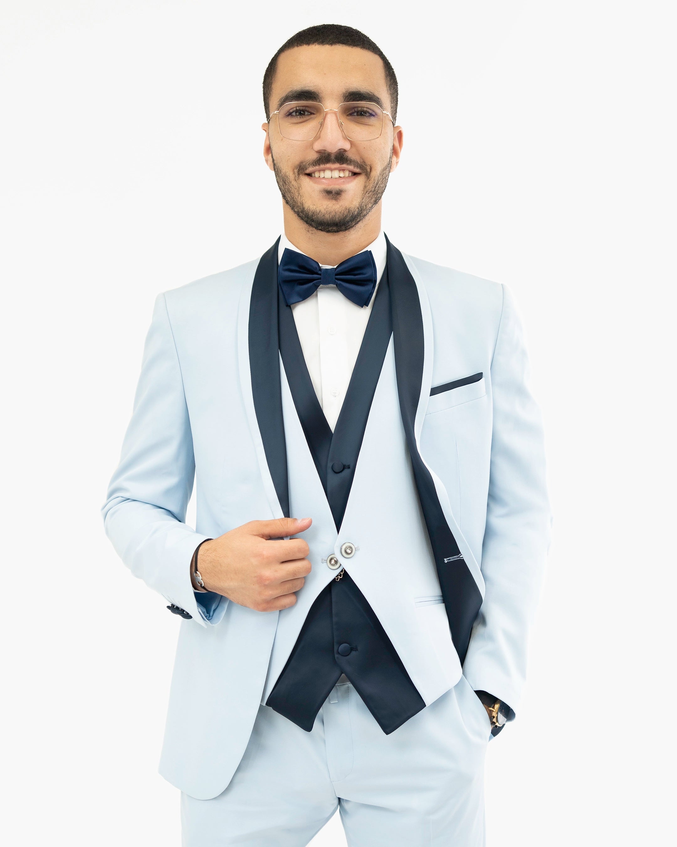 Light Blue And Navy Vintage 2-Piece Slim-Fit Tuxedo With Shawl Lapels