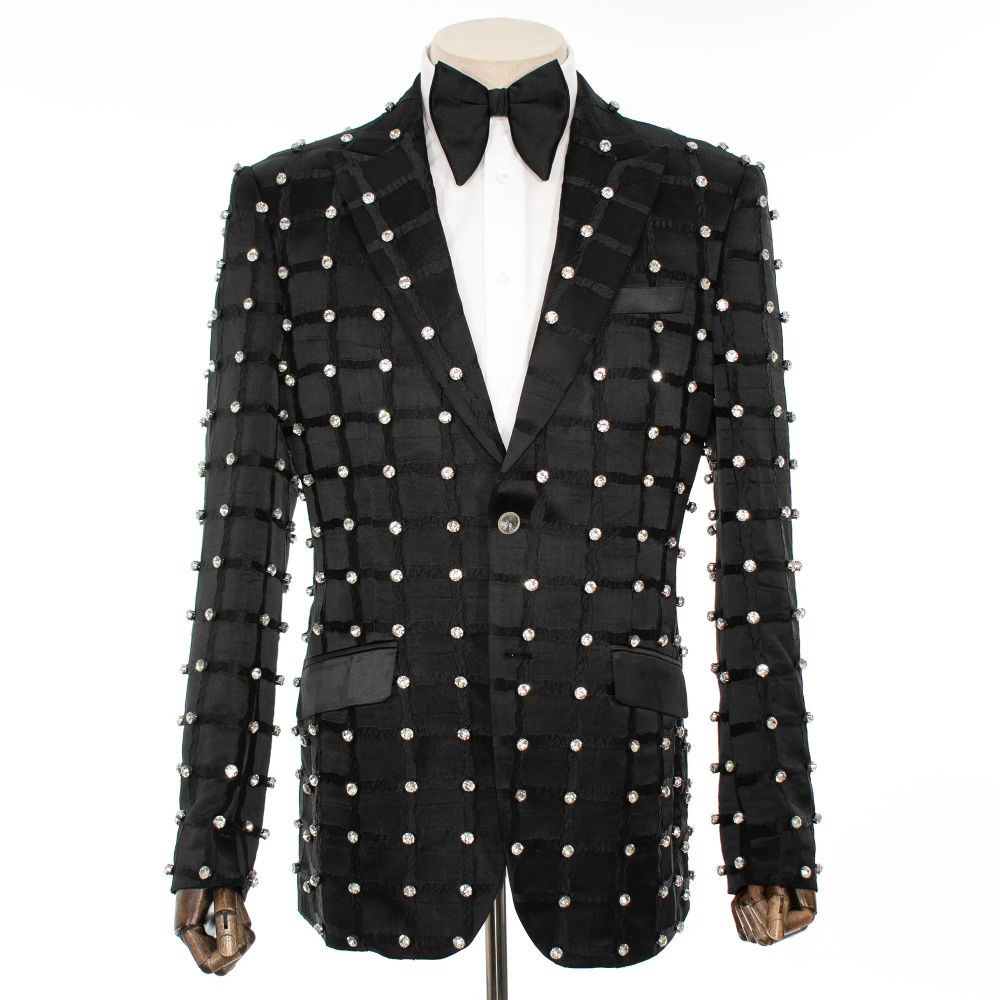 Black Large Rhinestone Slim-Fit Tuxedo Jacket