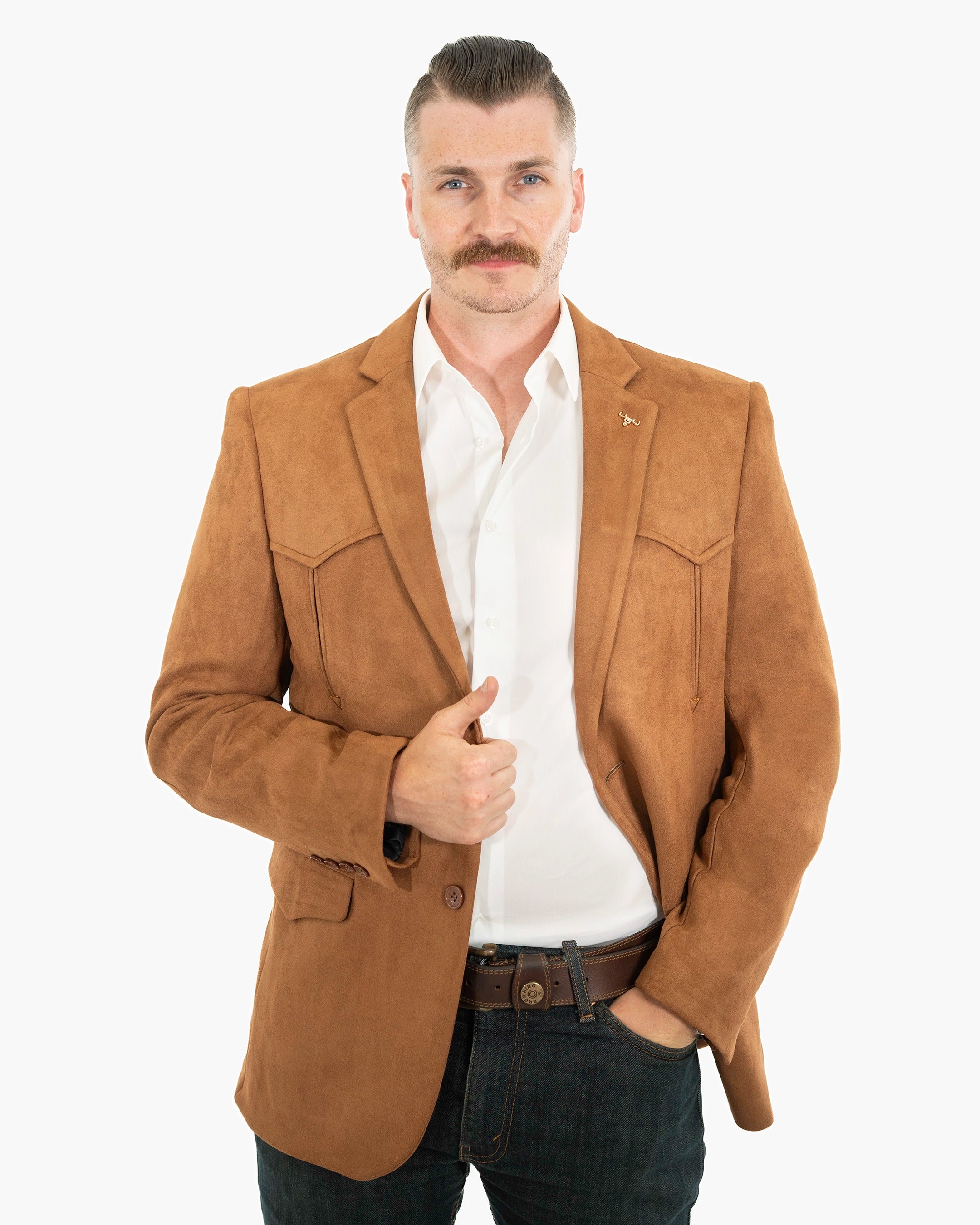 Camel Western Modern-fit Blazer with Suede Yokes | Front | Dolce Vesta