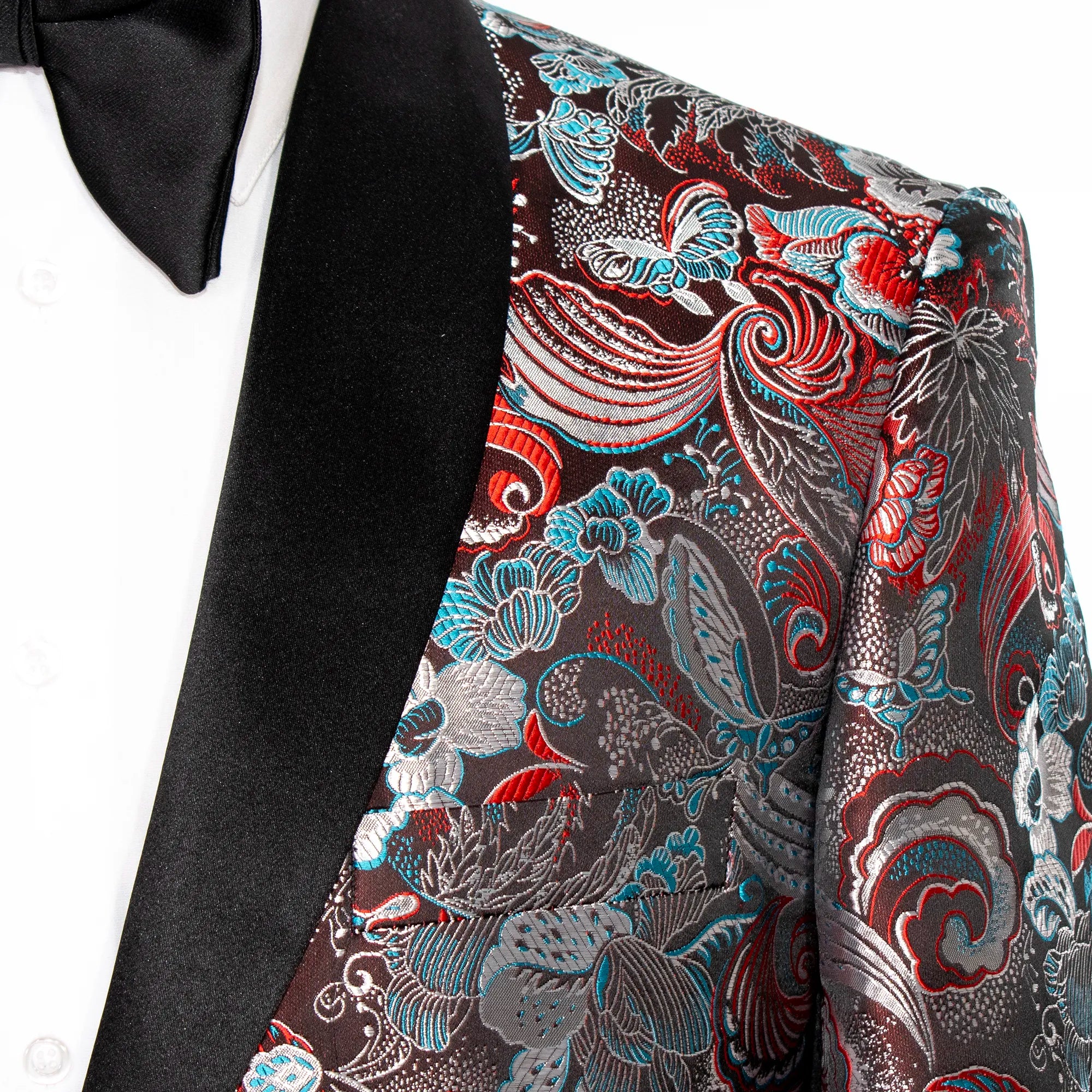 Burgundy Metallic Floral Slim-Fit Tuxedo Jacket