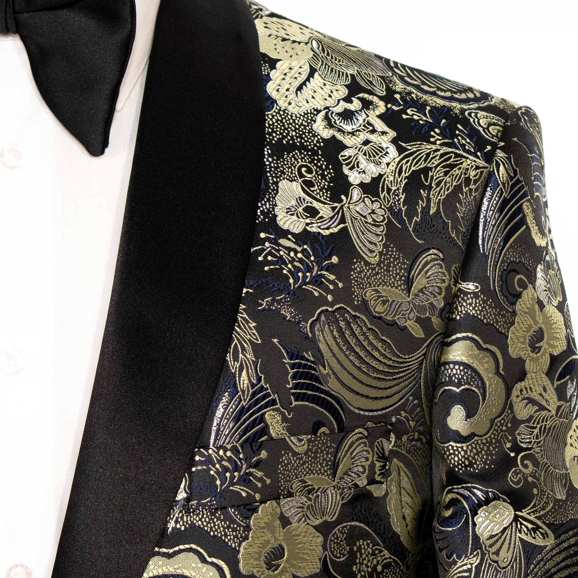 Gold Metallic Floral Slim-Fit Tuxedo Jacket