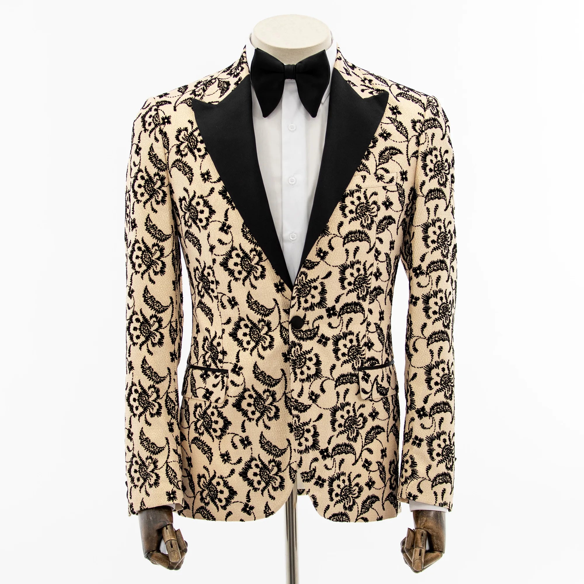 Cream and Black Damask Slim-Fit Tuxedo Jacket