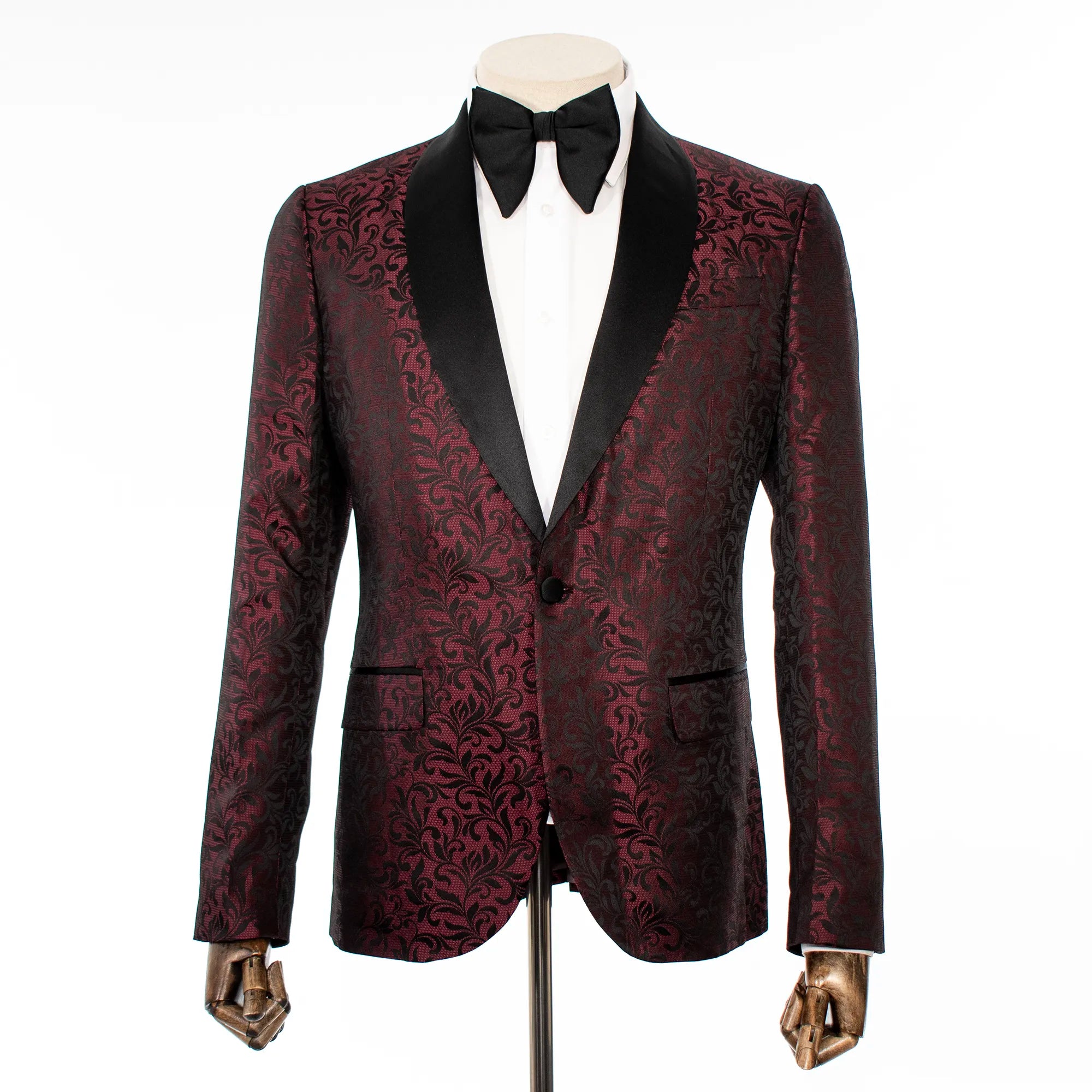 Burgundy with Black Filigree Slim-Fit Tuxedo Jacket