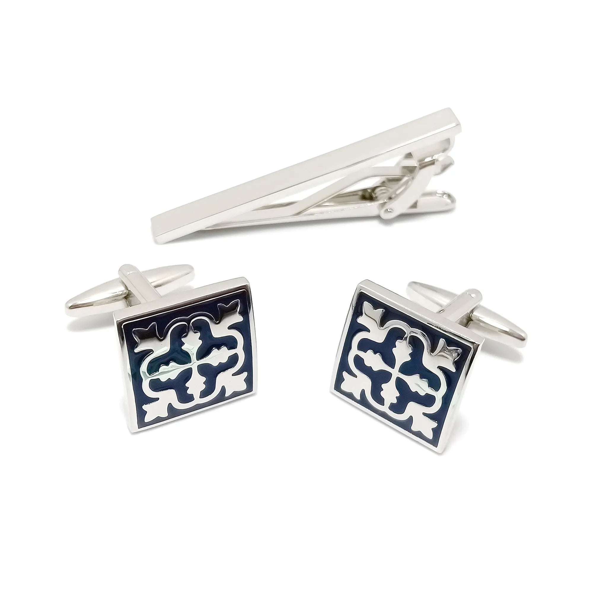 Square Filigree Cufflinks & Tie-Bar Set