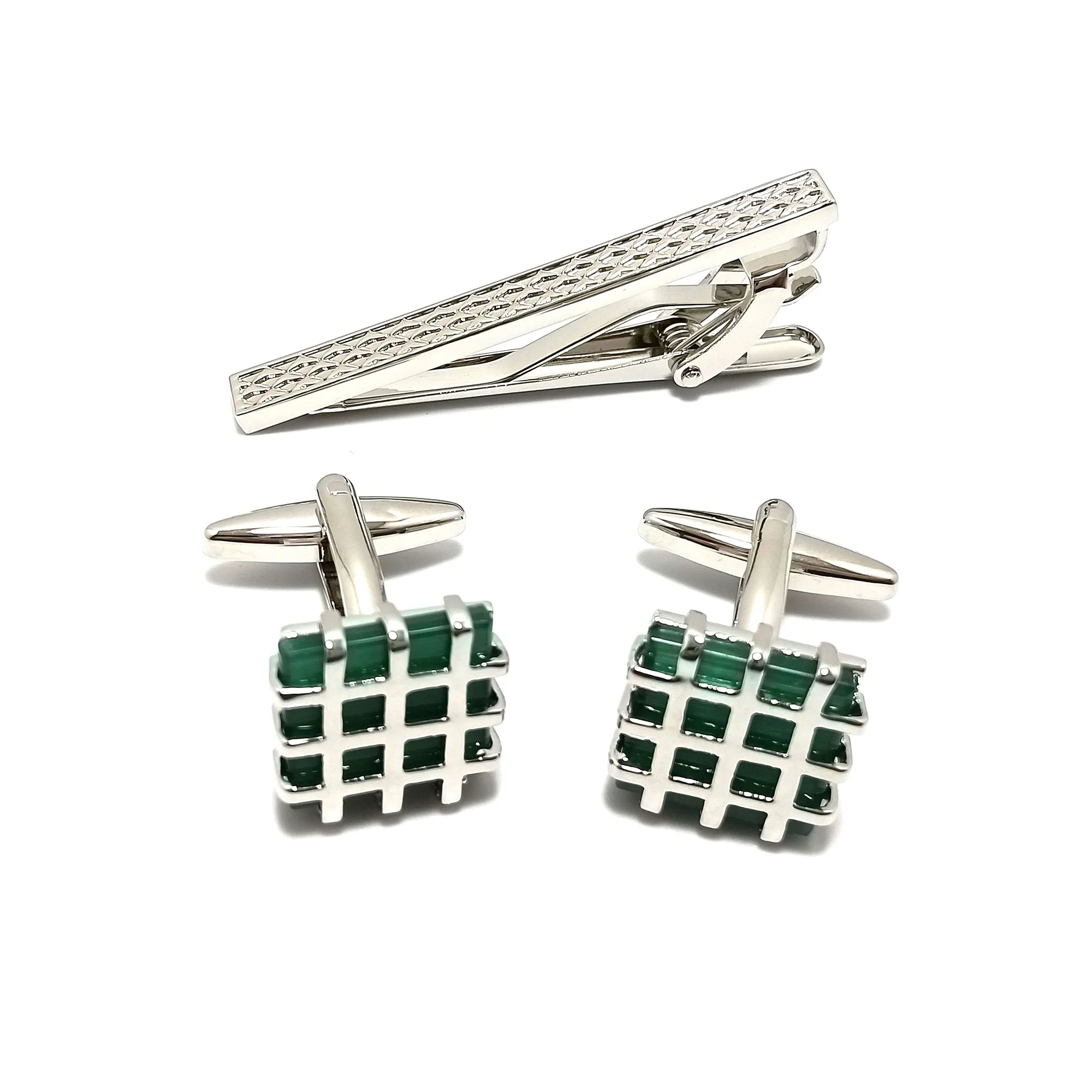 Lattice Encased Jade Square Cufflinks & Tie-Bar Set