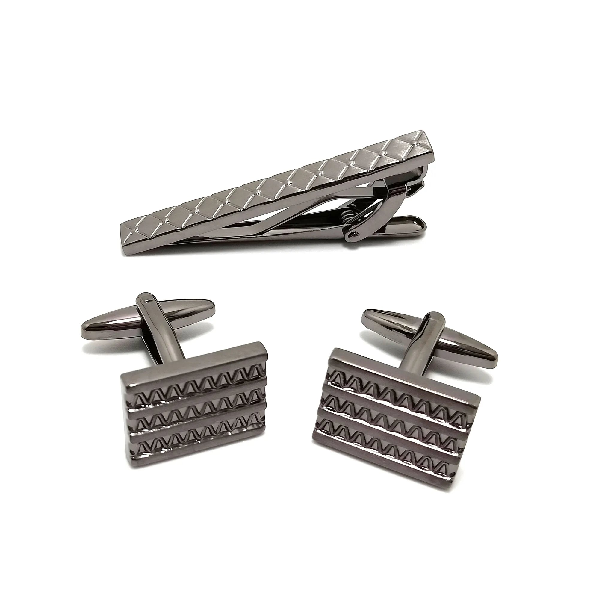 Wavy Gunmetal Cufflinks & Tie-Bar Set