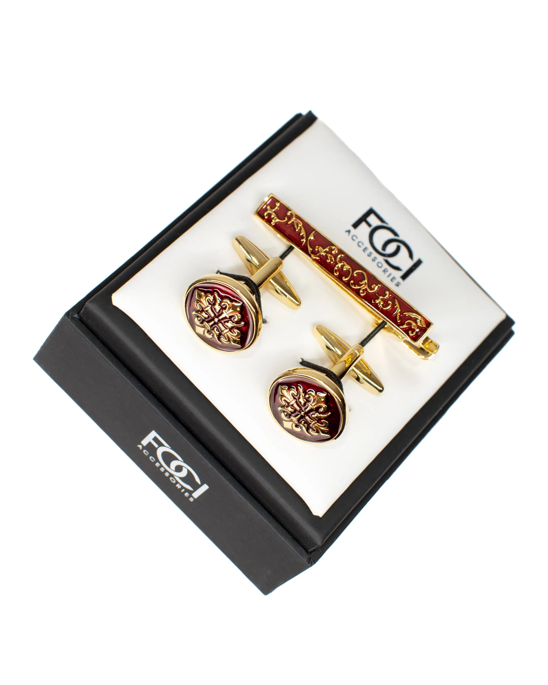 Fleur de Lis Solar Cross Cufflinks & Tie-Bar Set