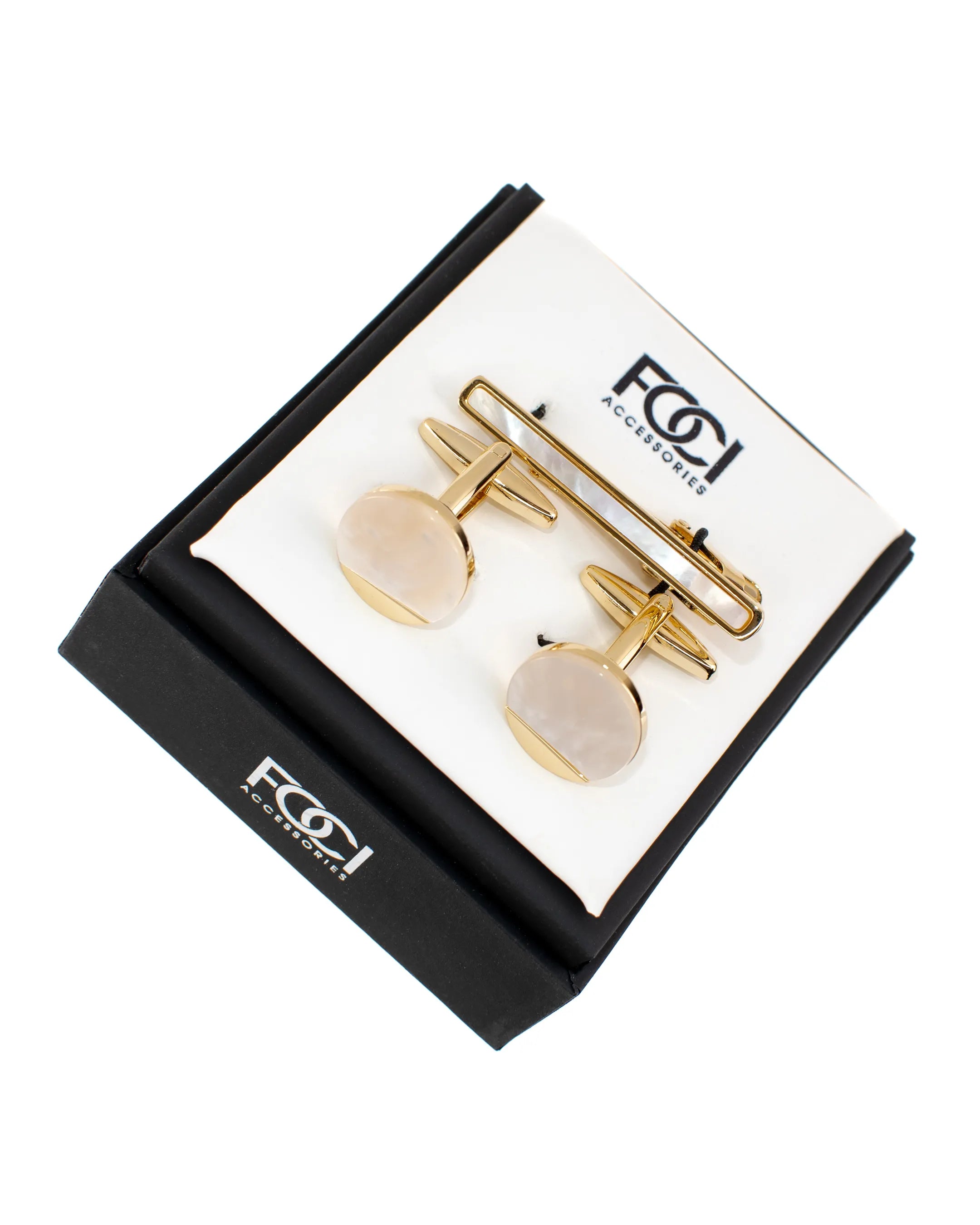 Gold & Mother of Pearl Cufflinks & Tie-Bar Set
