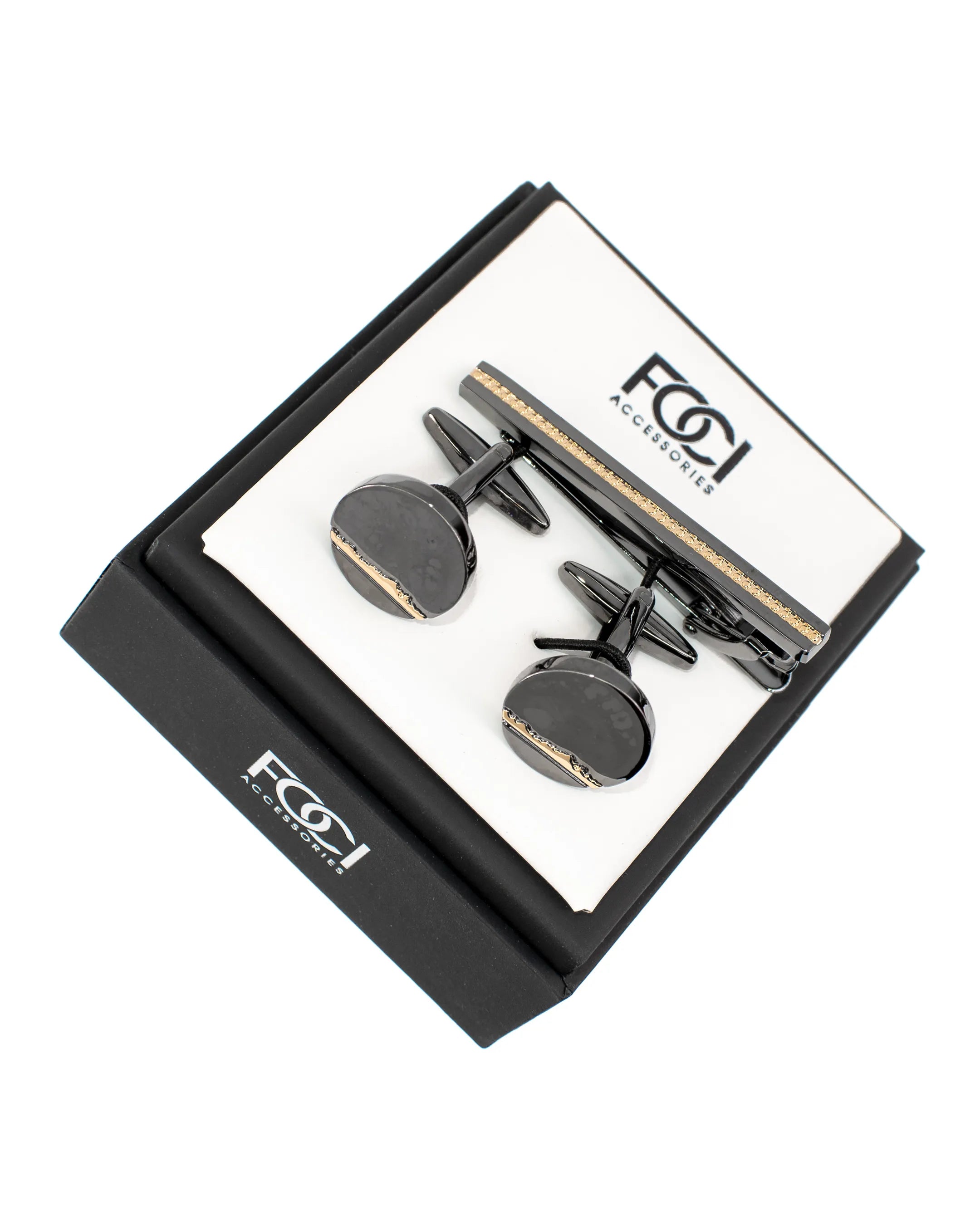 Black & Gold Roundel Cufflinks & Tie-Bar Set