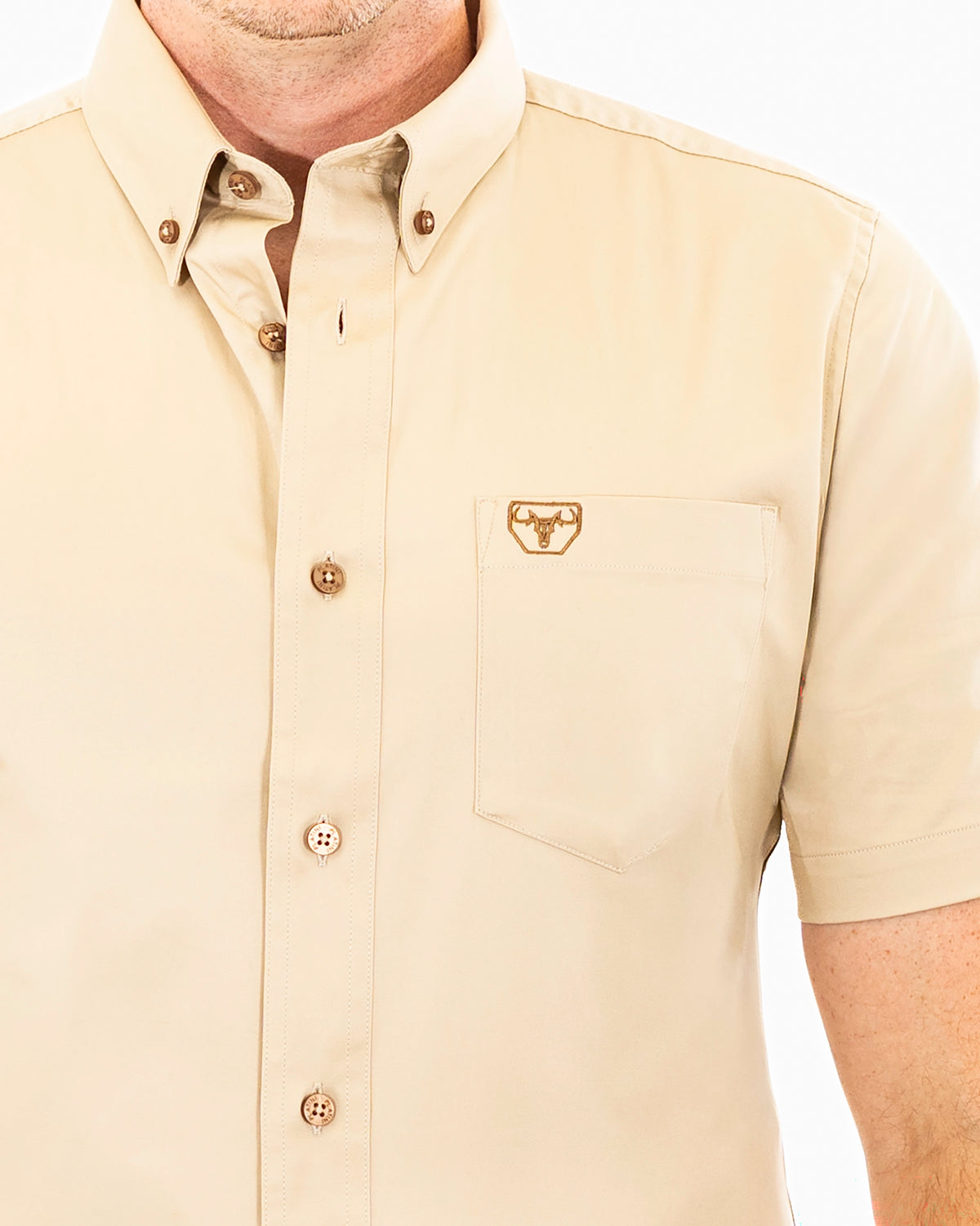 Beige Western Shirt | Stretch Solid Modern-Fit Shirt | Collar, Buttons, and Pocket Closeup | Dolce Vesta