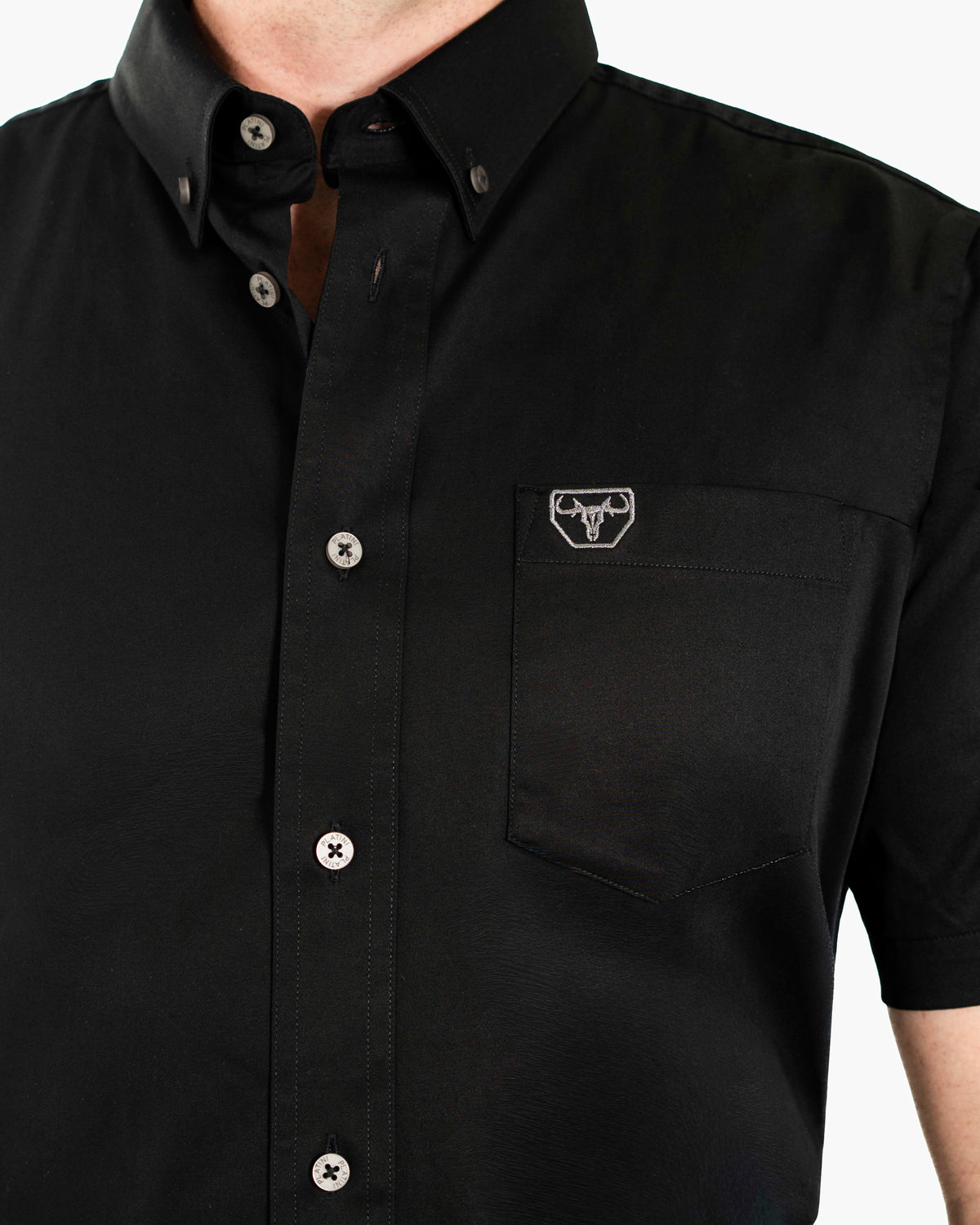 Black Western Shirt | Stretch Solid Modern-Fit Shirt | Collar, Buttons, and Pocket Closeup | Dolce Vesta