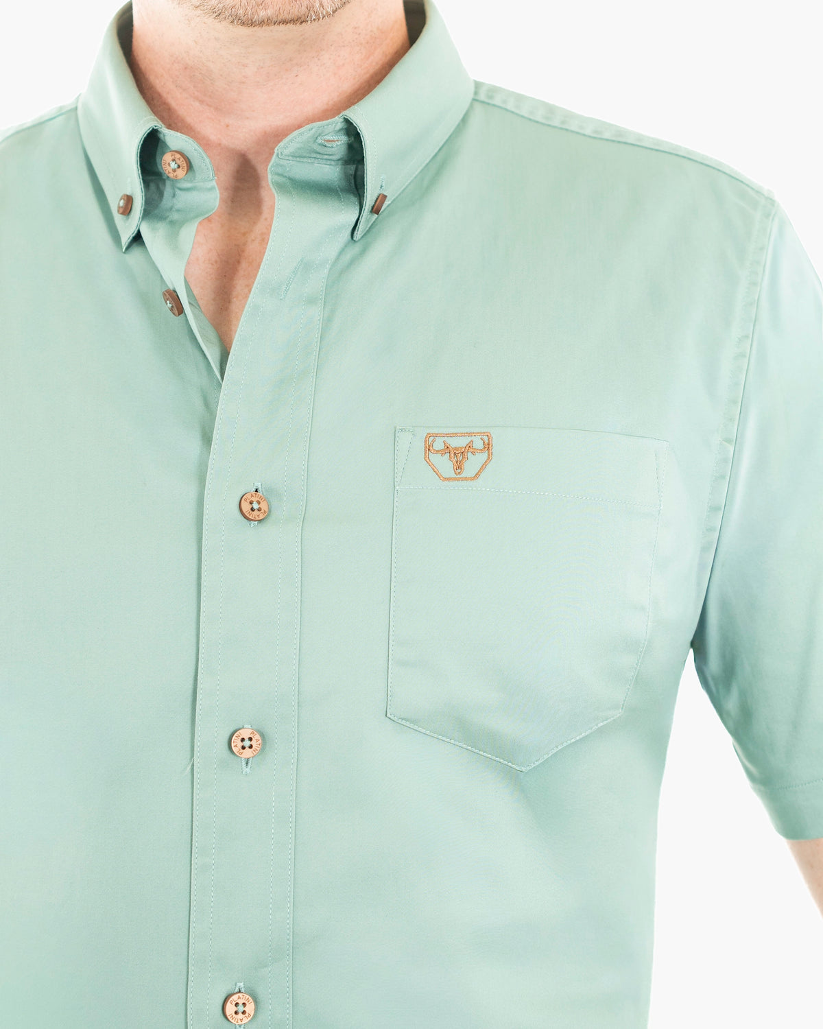 Turquoise Western Shirt | Stretch Solid Modern-Fit Shirt | Collar, Buttons, and Pocket Closeup | Dolce Vesta