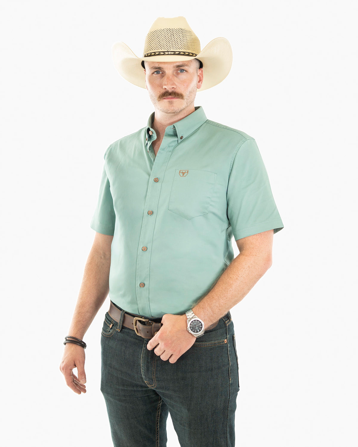 Turquoise Western Shirt | Stretch Solid Modern-Fit Shirt | Full Front | Dolce Vesta
