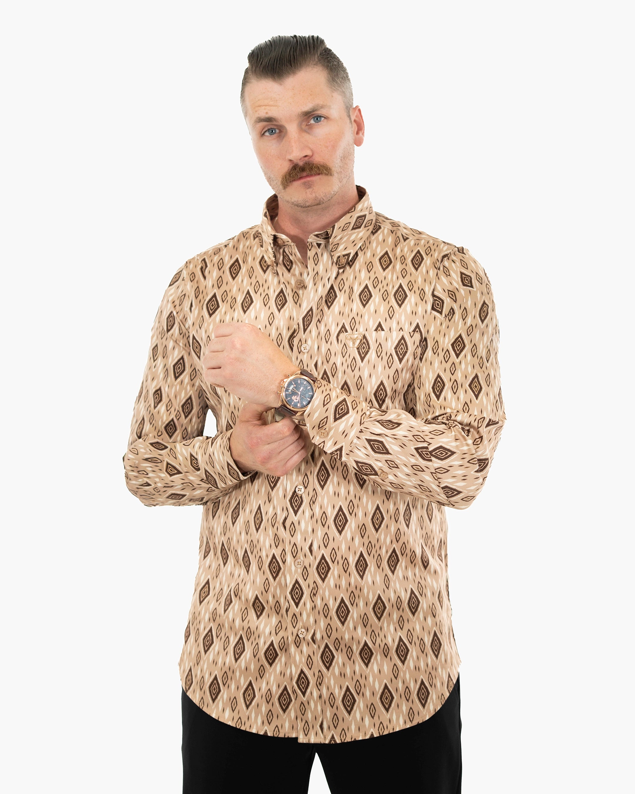 Khaki Southwestern Diamond Stretch Modern Fit Shirt | Front | Dolce Vesta
