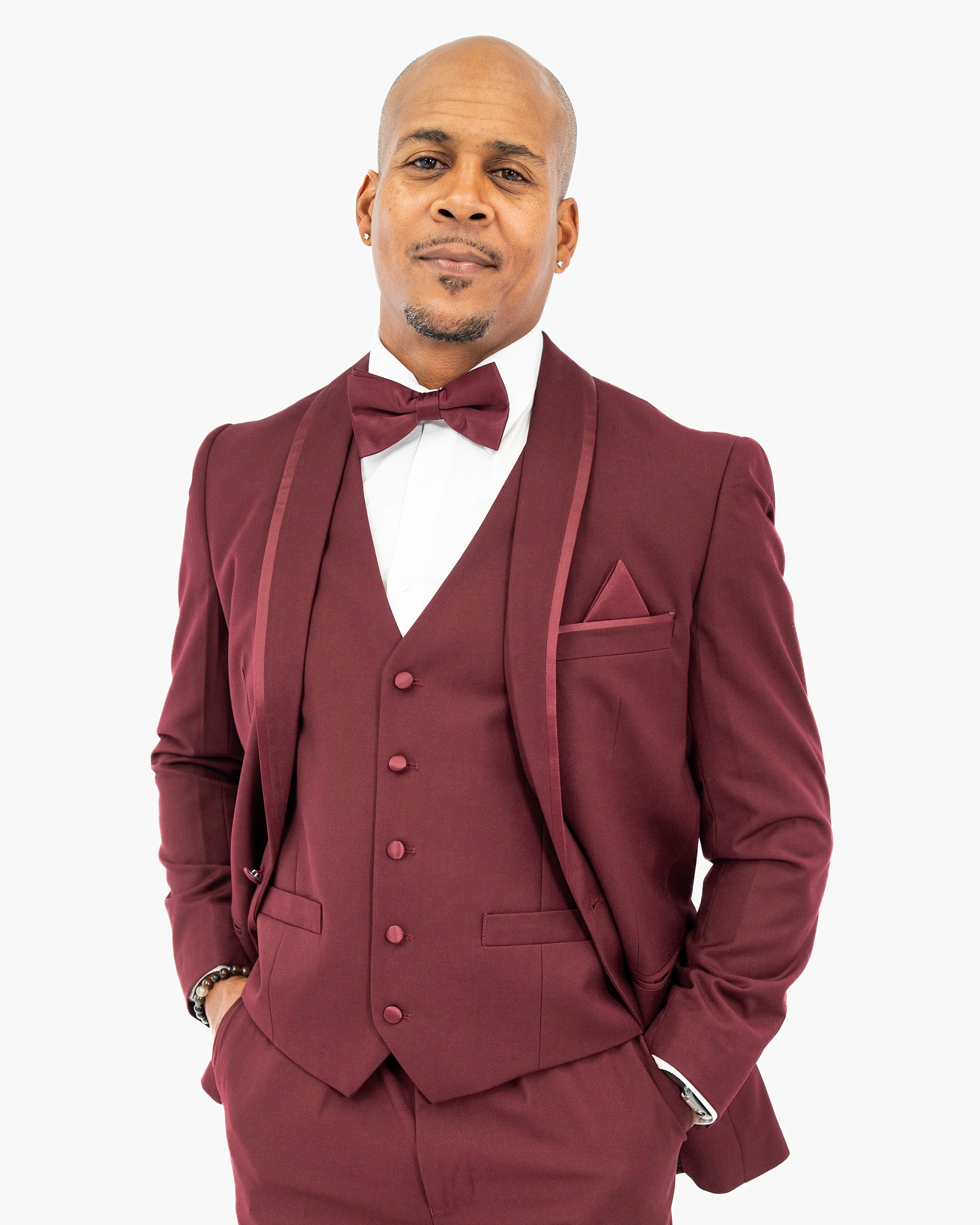 Burgundy 3-Piece Tailored-Fit Tuxedo with Shawl Lapel