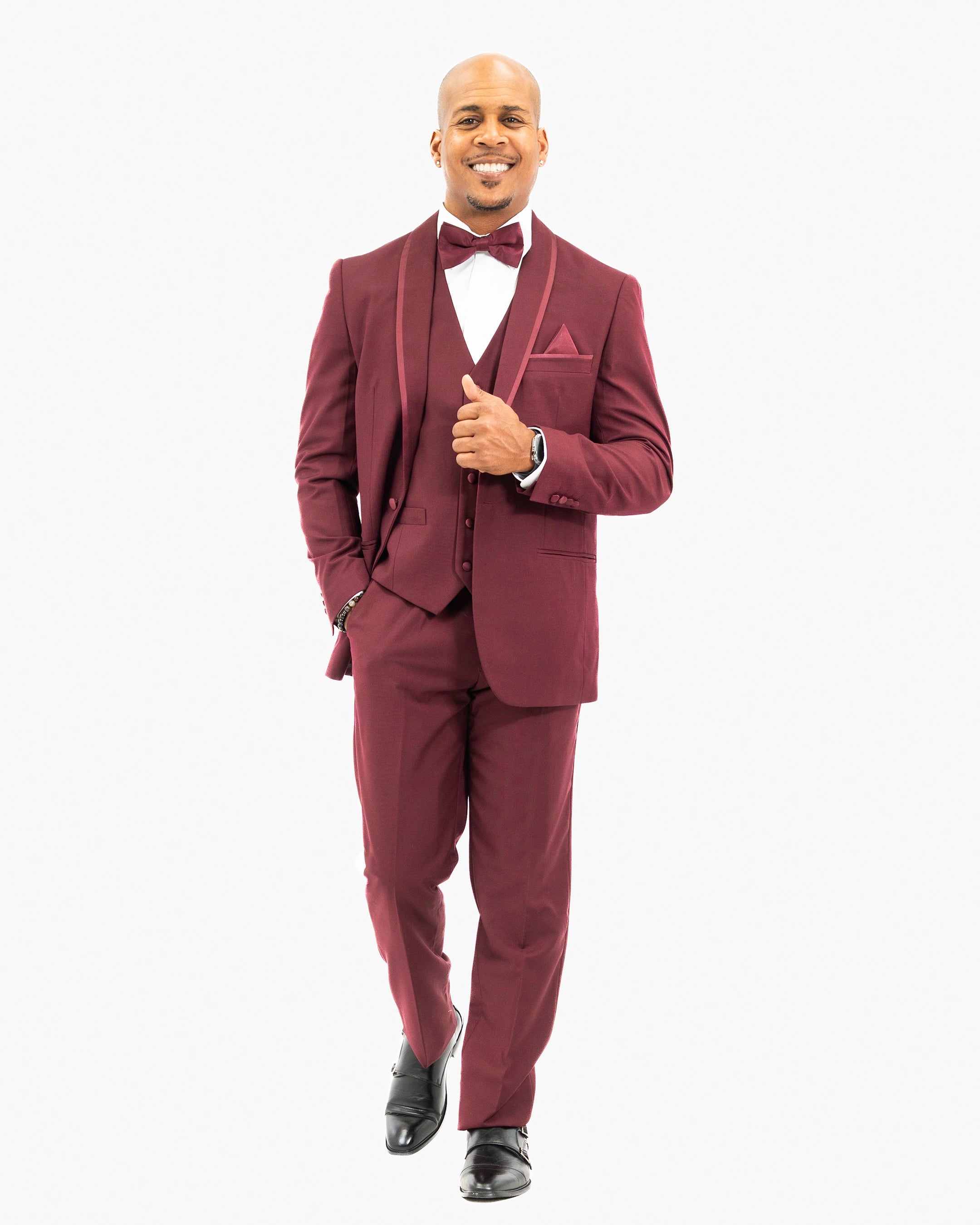 Burgundy 3-Piece Tailored-Fit Tuxedo with Shawl Lapel