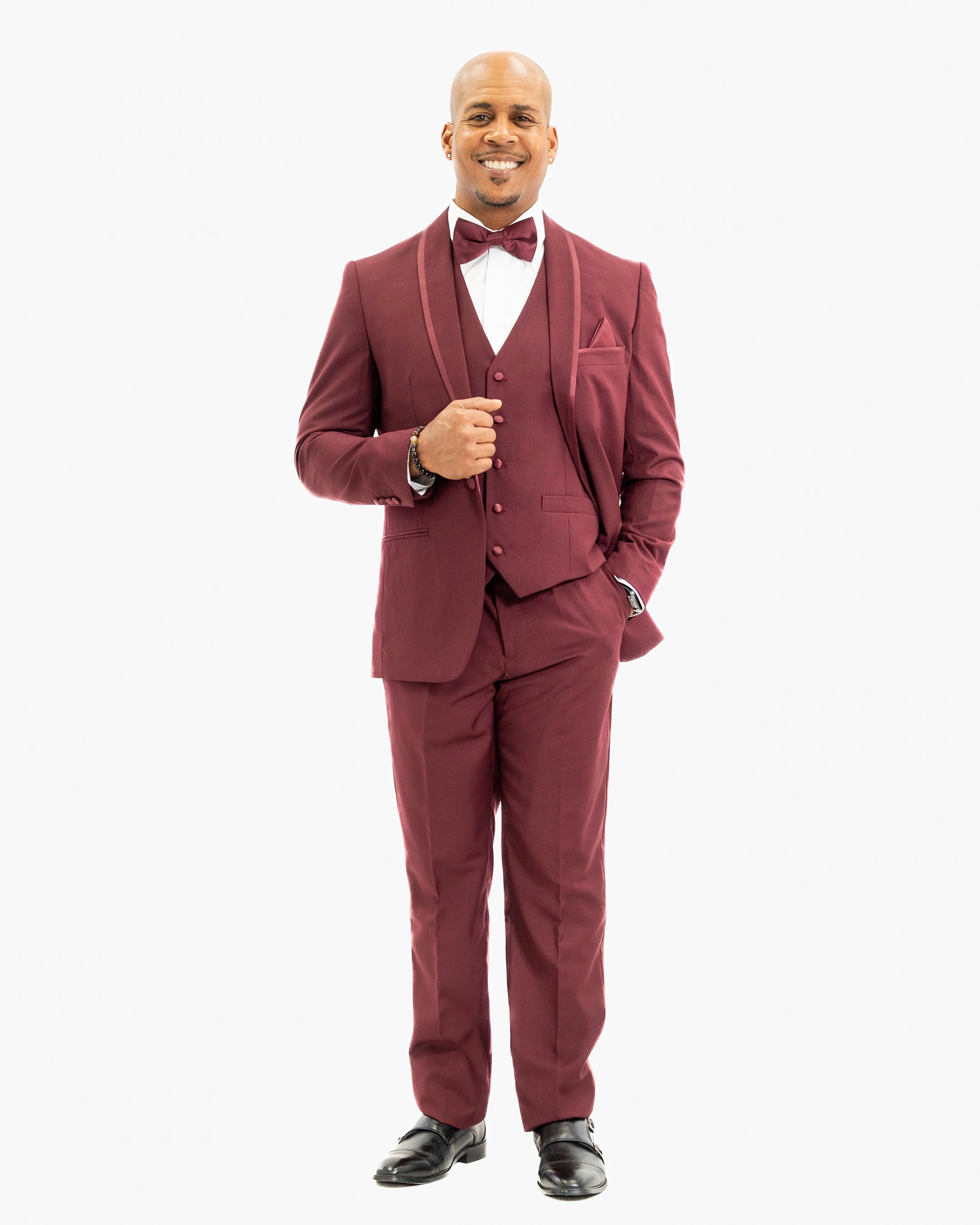 Burgundy 3-Piece Tailored-Fit Tuxedo with Shawl Lapel