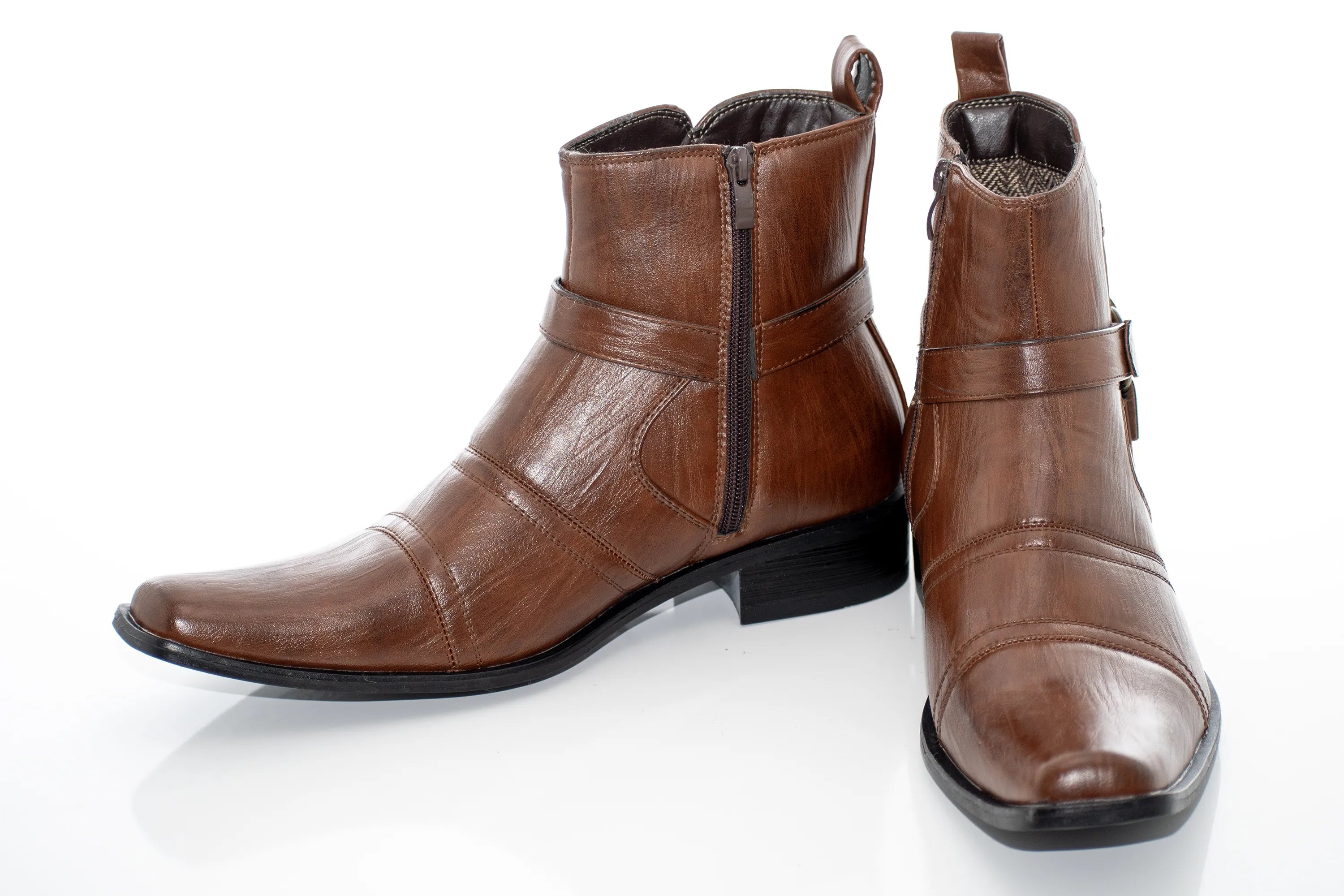 Brown Strap Zip-Boot Square-Toe