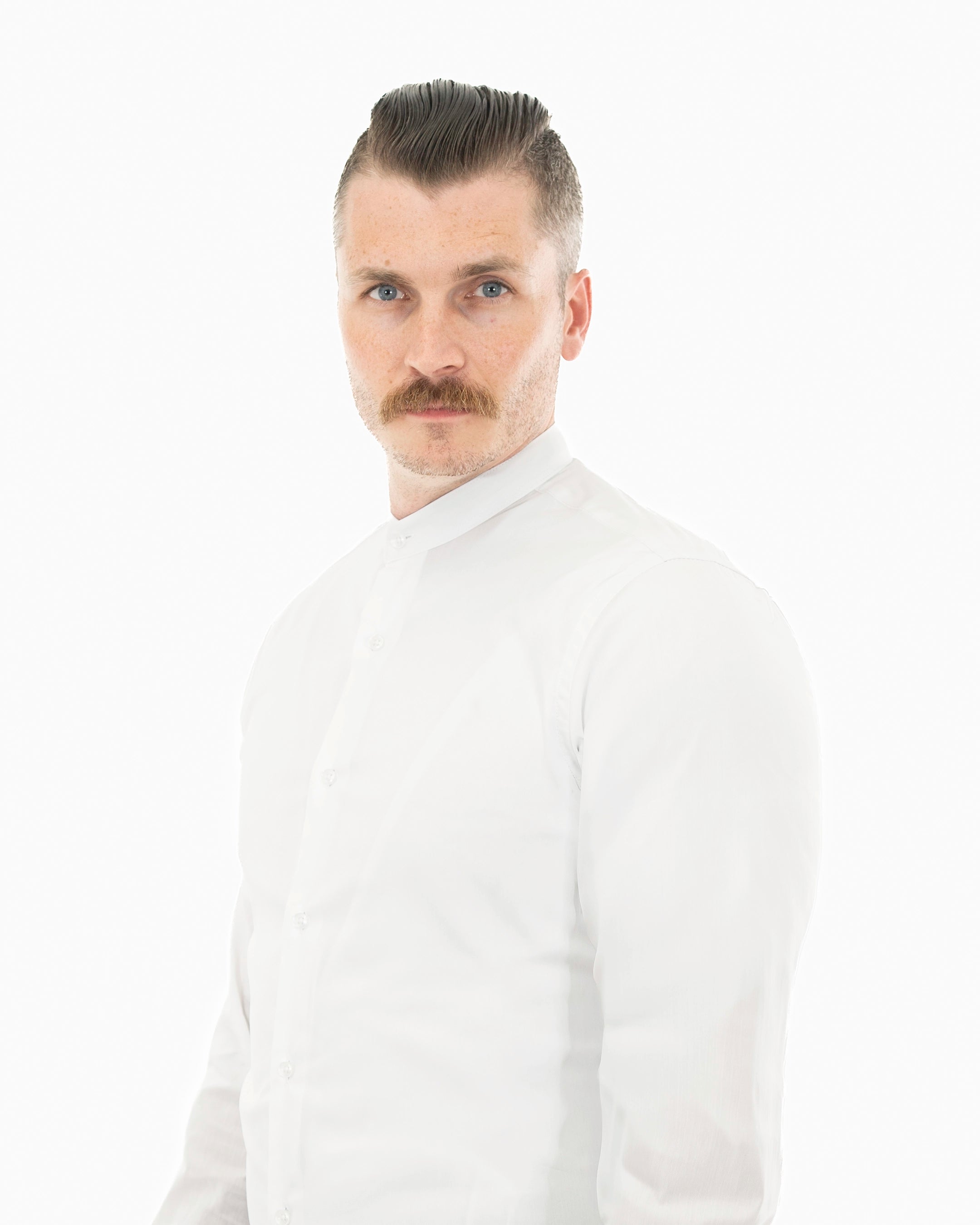 White Stretch Slim-Fit No-Collar Dress Shirt | Collar View | Dolce Vesta