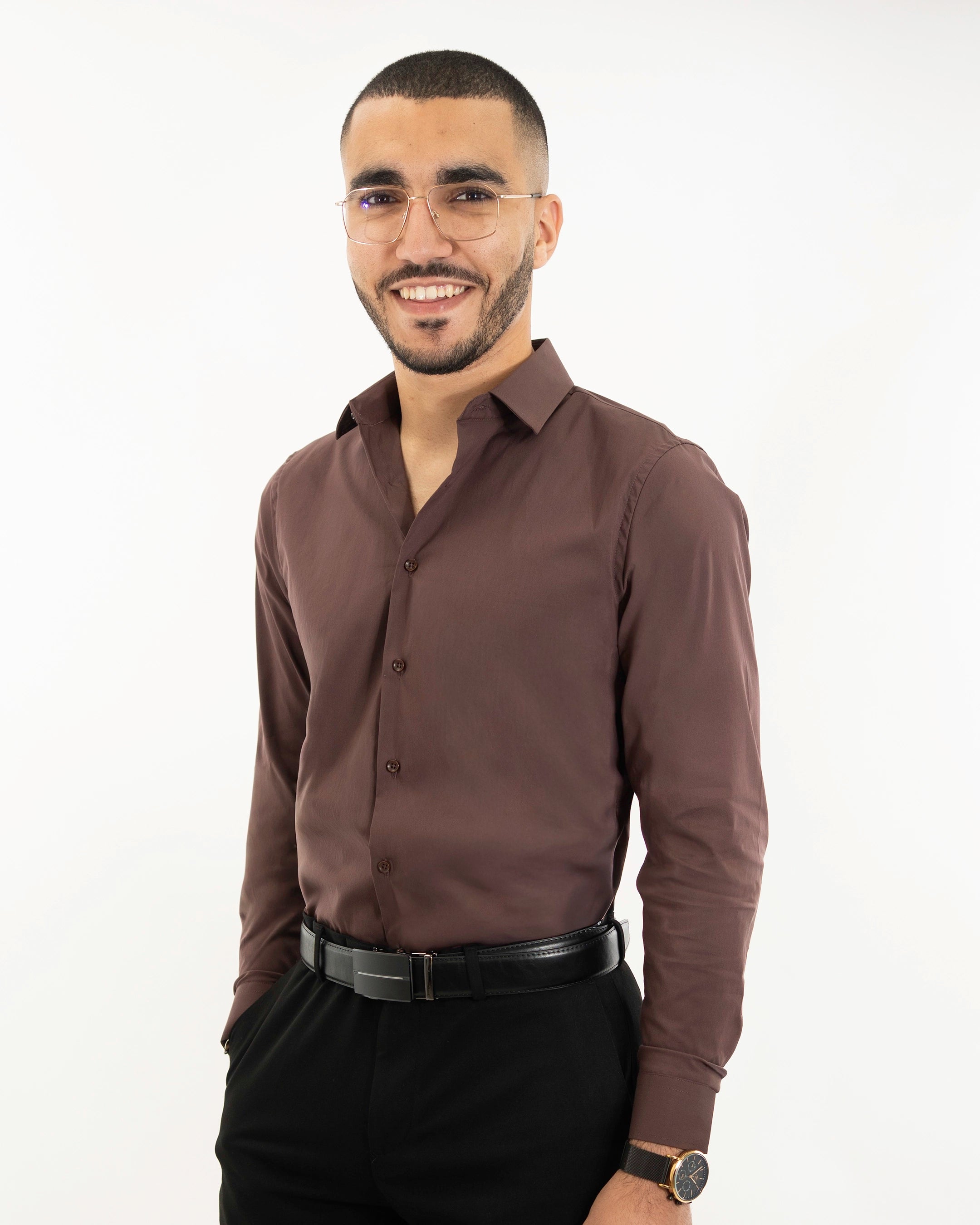 Brown Stretch Slim-Fit Dress Shirt